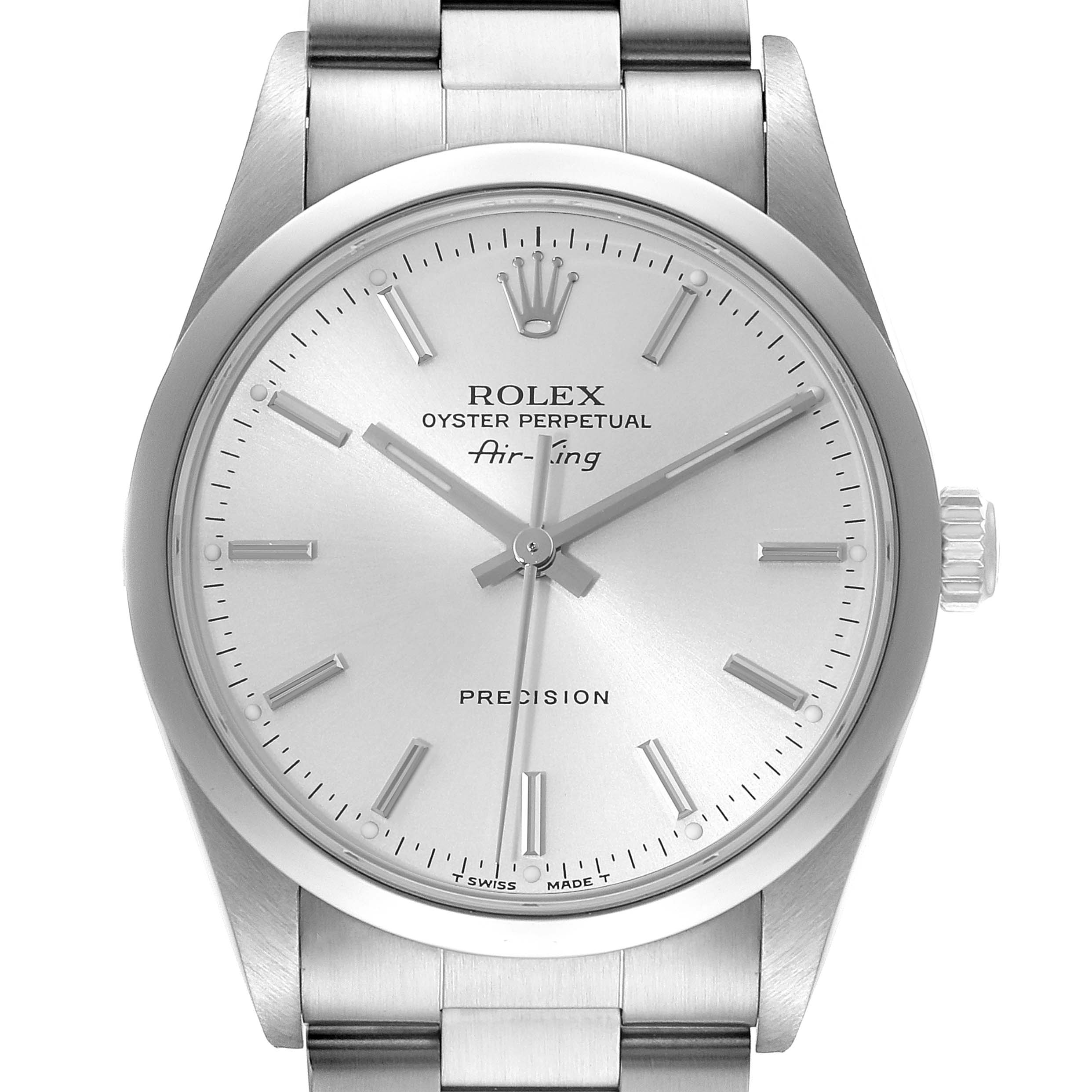This image shows a front view of a Rolex Air-King 14000 Men's Stainless Steel Silver Dial 14000 Men's Stainless Steel Silver Dial watch, featuring its dial, hands, crown, and part of the stainless steel bracelet.