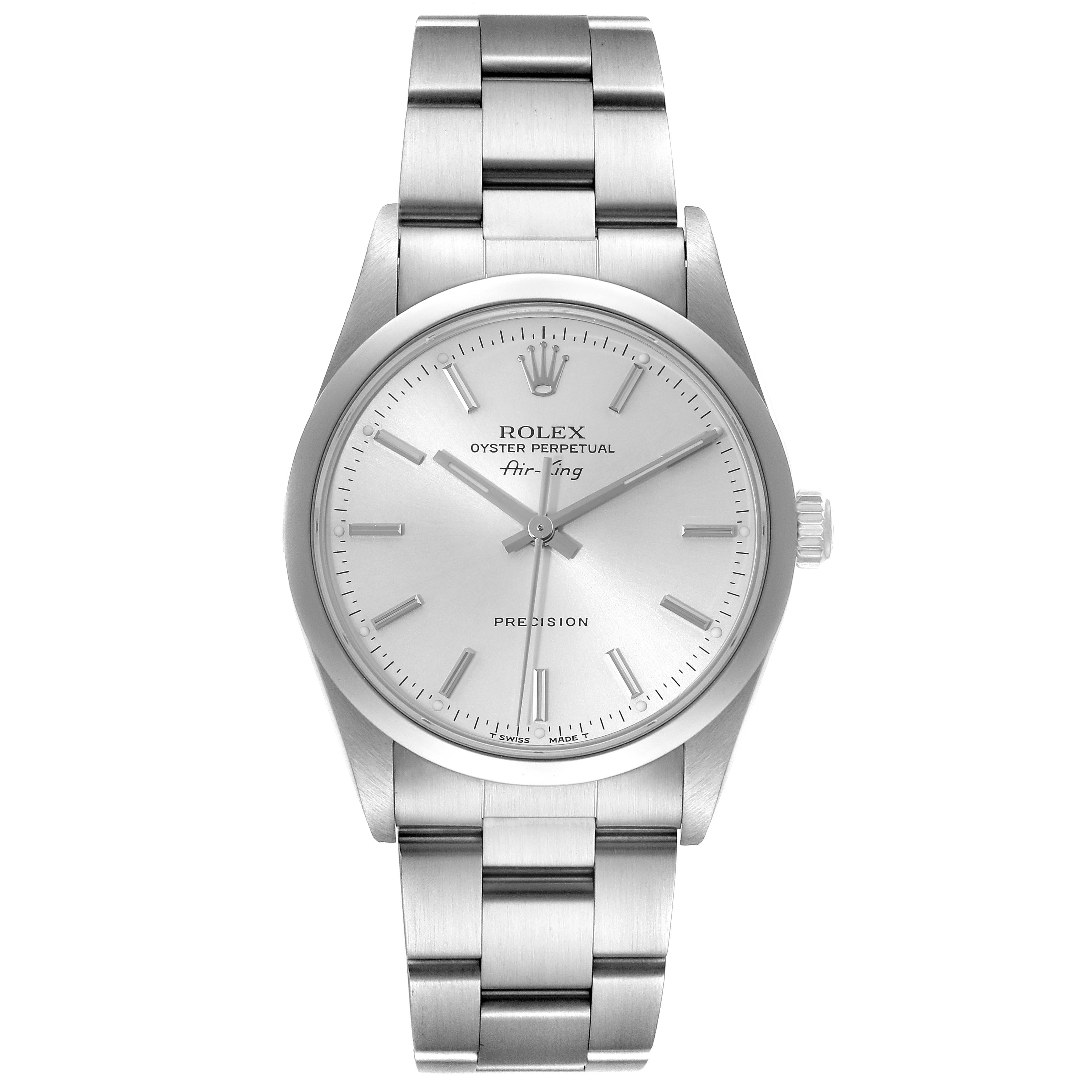 The image shows a front view of a Rolex Air-King 14000 Men's Stainless Steel Silver Dial 14000 Men's Stainless Steel Silver Dial watch featuring its dial, bracelet, and crown.