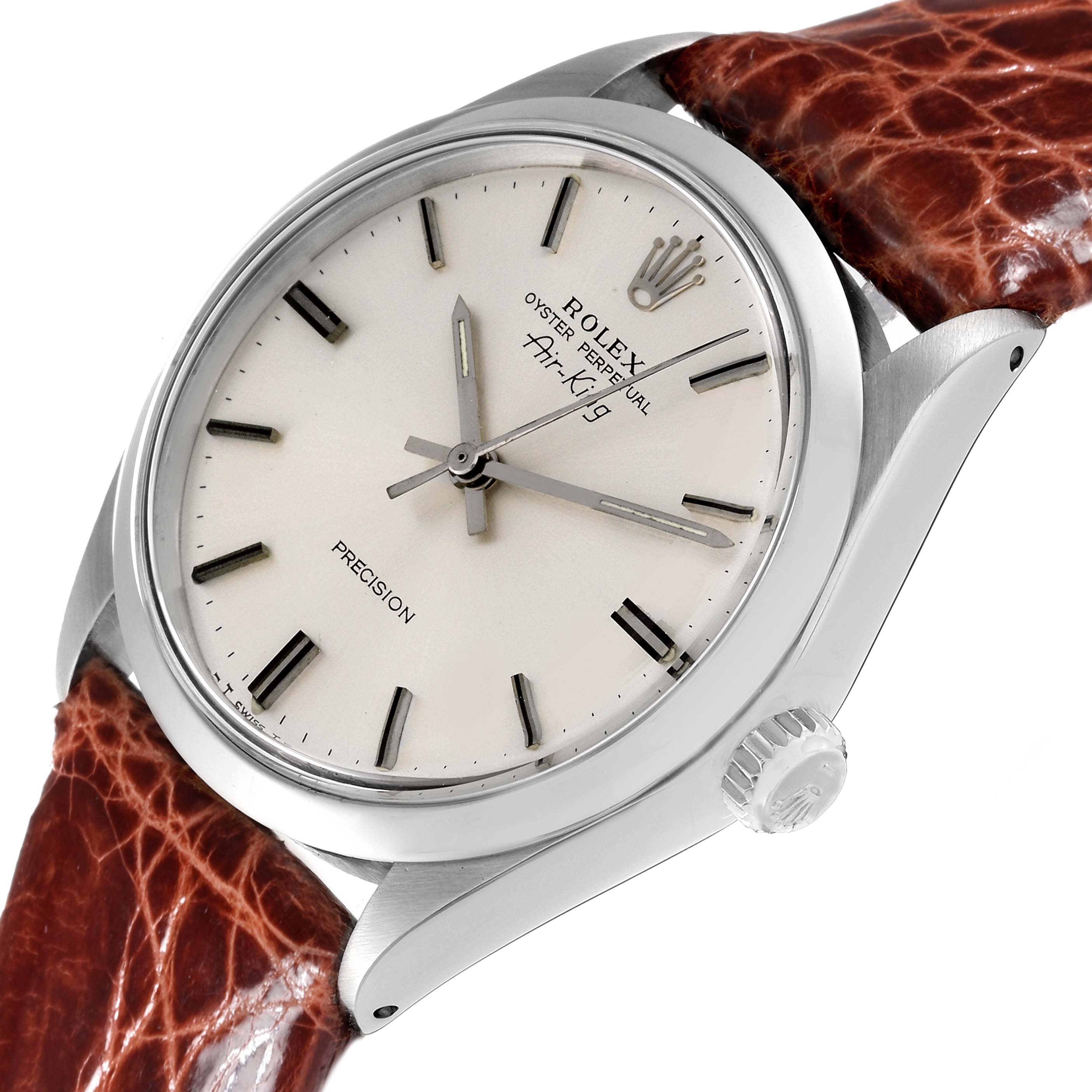 The image shows a Rolex Vintage Collection 5500 Men's Stainless Steel Silver Dial 5500 Men's Stainless Steel Silver Dial model with a silver dial, hour markers, and brown leather strap, viewed from an angled perspective.