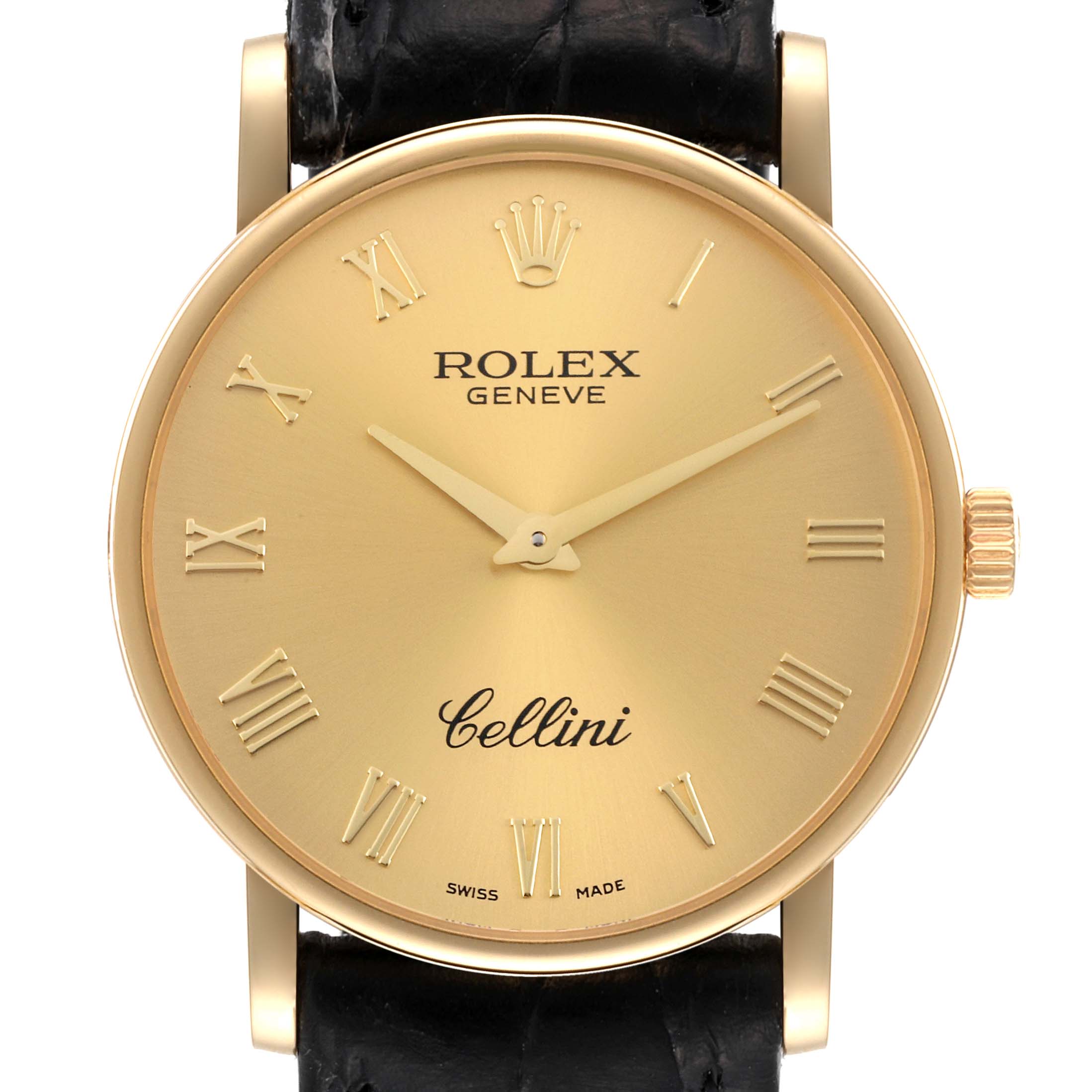 The image shows the gold dial, hands, and black leather strap of a Rolex Cellini 5115 Men's Yellow Gold Champagne Dial 5115 Men's Yellow Gold Champagne Dial watch, viewed from a front angle.