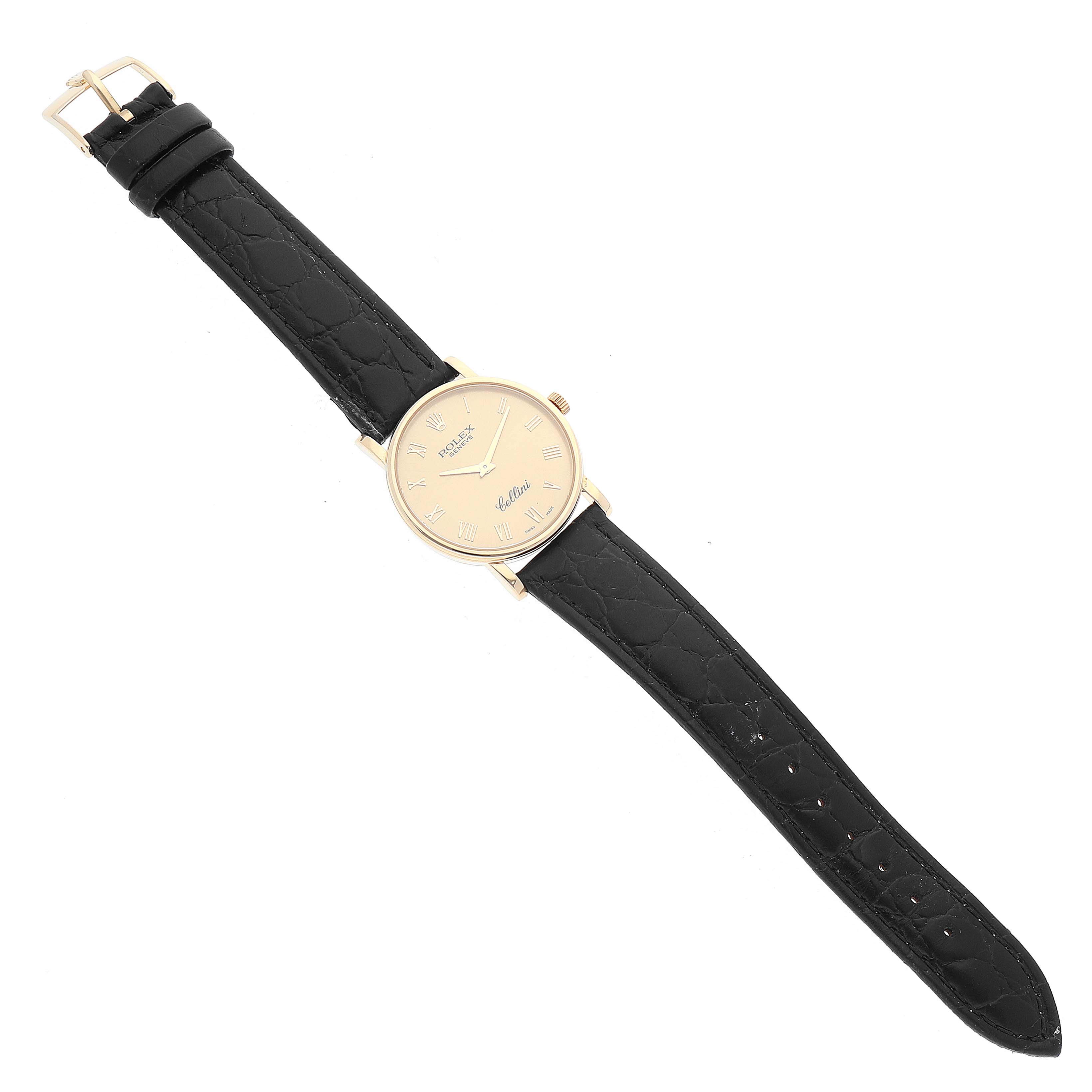 This image shows a Rolex Cellini 5115 Men's Yellow Gold Champagne Dial 5115 Men's Yellow Gold Champagne Dial watch with a black leather strap, viewed from the front displaying its face and buckle.