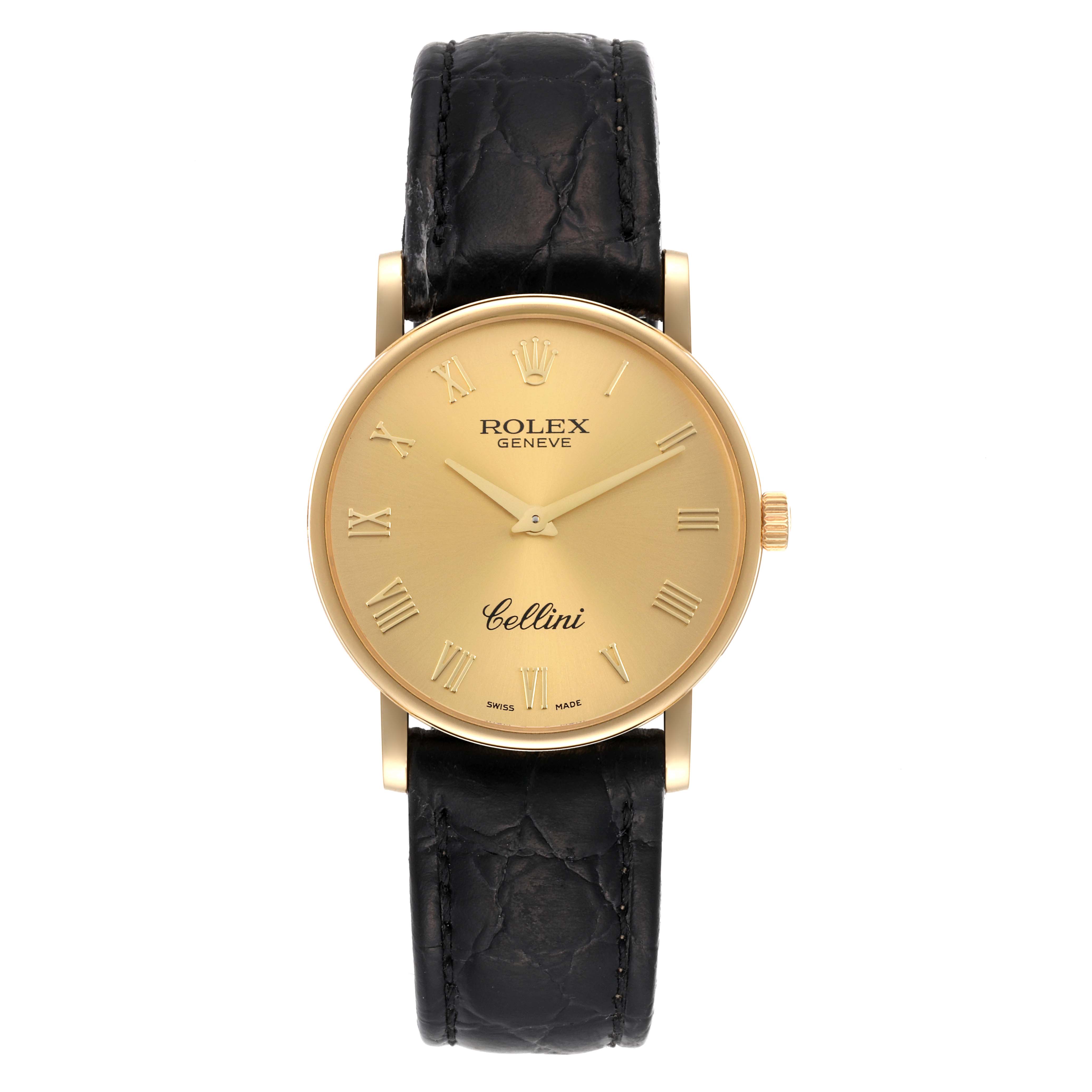 This front view shows the dial, hands, and strap of the Rolex Cellini 5115 Men's Yellow Gold Champagne Dial 5115 Men's Yellow Gold Champagne Dial model.