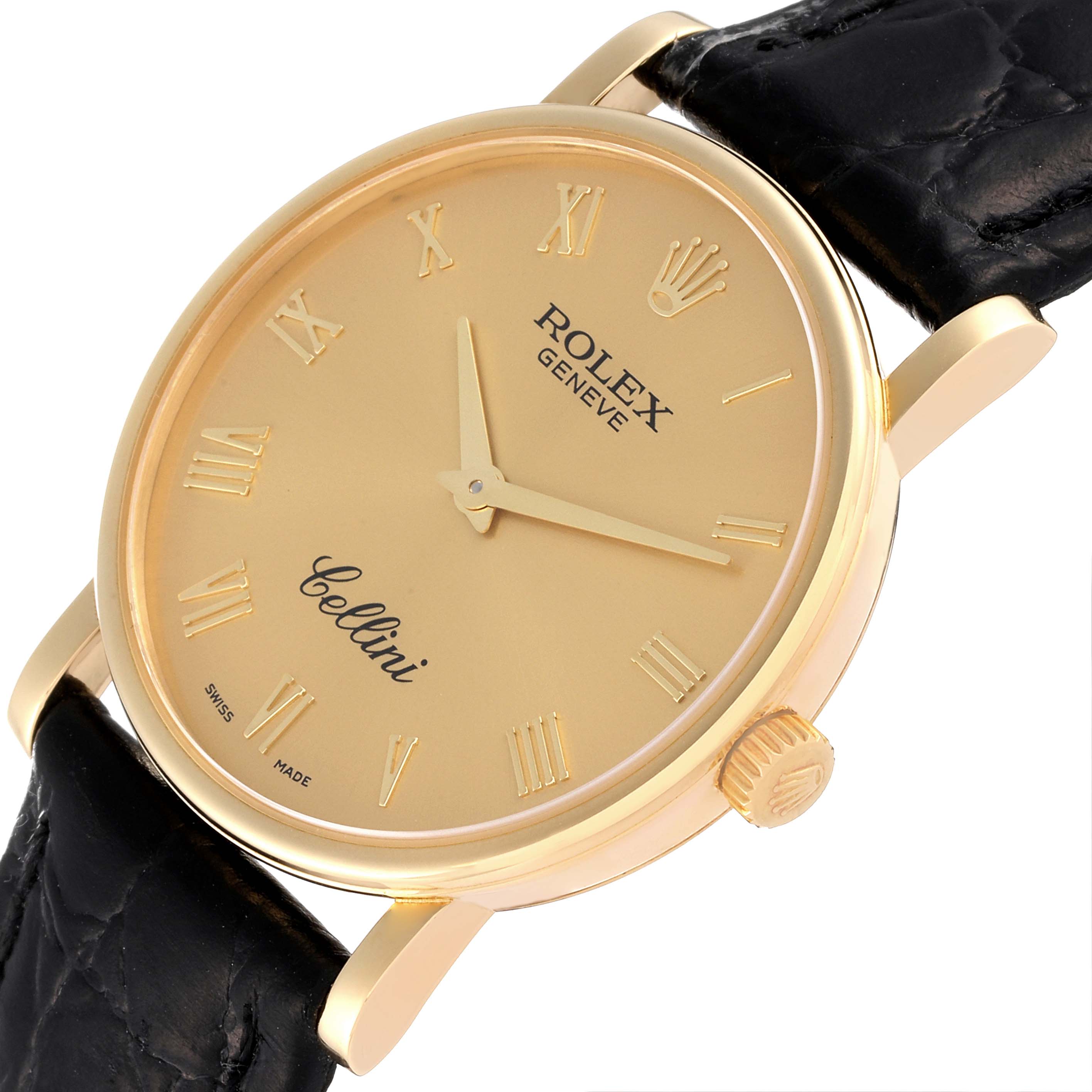 The image shows a close-up of the face and crown of a Rolex Cellini 5115 Men's Yellow Gold Champagne Dial 5115 Men's Yellow Gold Champagne Dial model watch, featuring a gold dial and Roman numerals.
