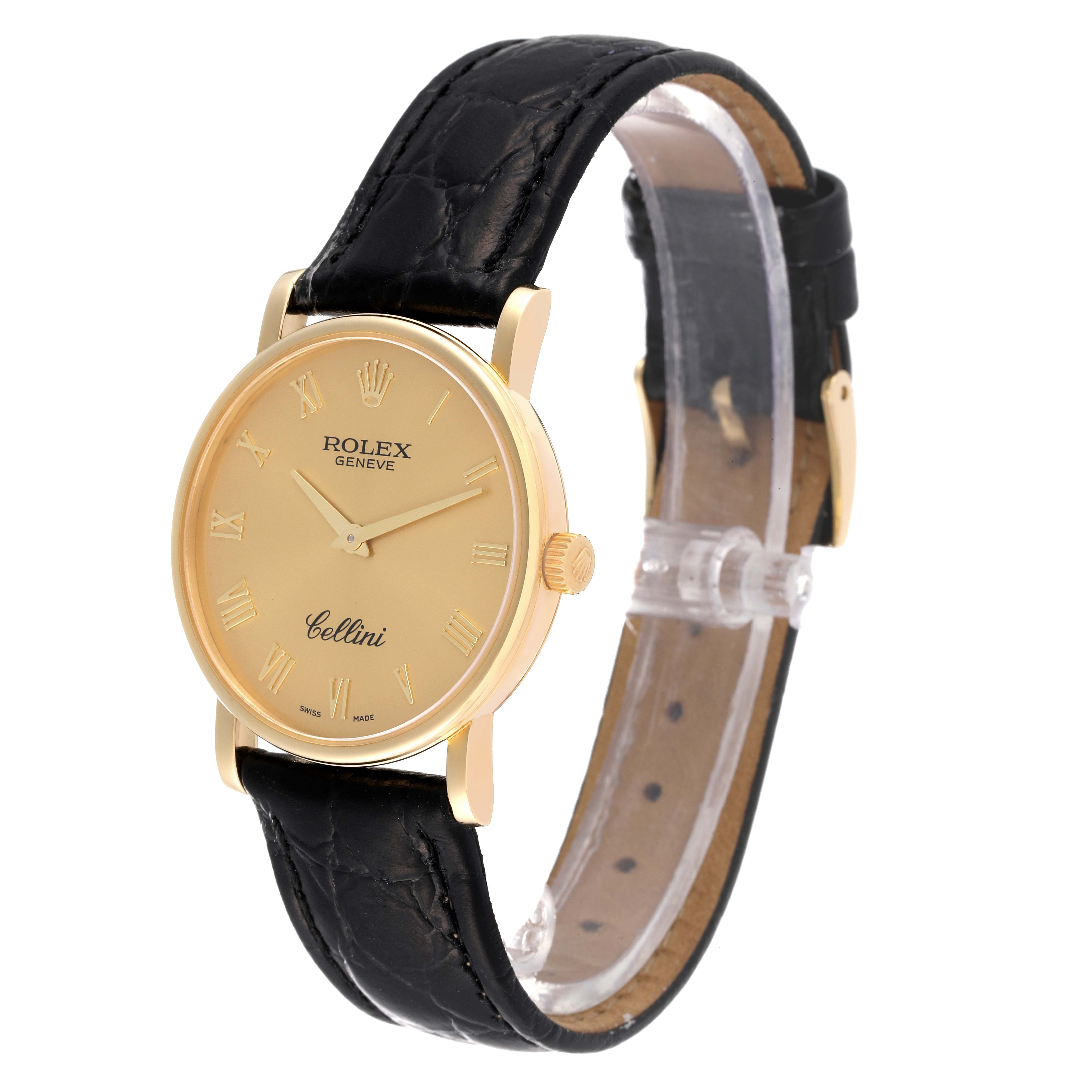 This image shows a side angle of the Rolex Cellini 5115 Men's Yellow Gold Champagne Dial 5115 Men's Yellow Gold Champagne Dial watch, highlighting its gold casing, black leather strap, and gold dial with Roman numerals.