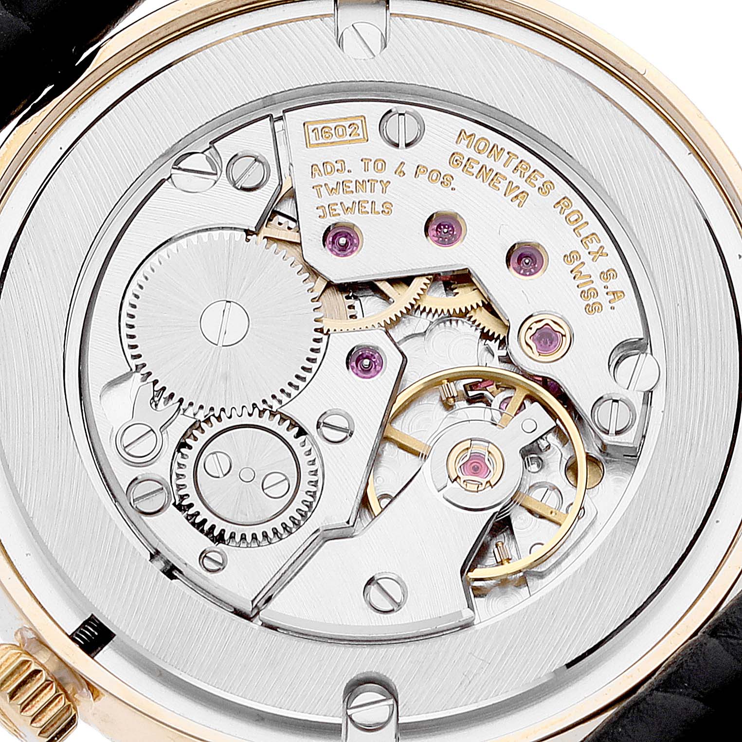 This image shows a close-up of the movement components of a Rolex Cellini 5115 Men's Yellow Gold Champagne Dial 5115 Men's Yellow Gold Champagne Dial watch from the back.