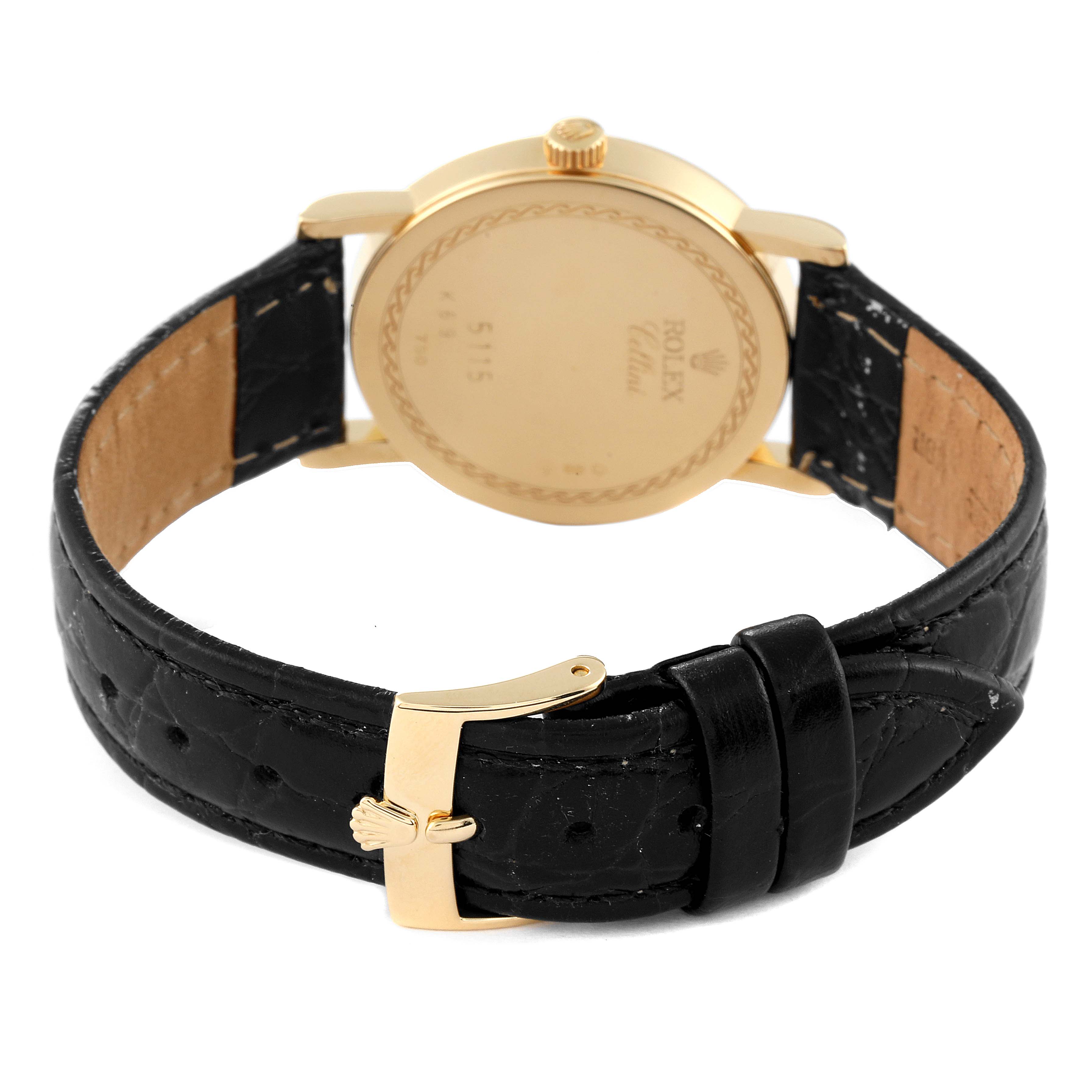 The image shows the back view of a Rolex Cellini 5115 Men's Yellow Gold Champagne Dial 5115 Men's Yellow Gold Champagne Dial watch with a black leather strap and gold clasp.