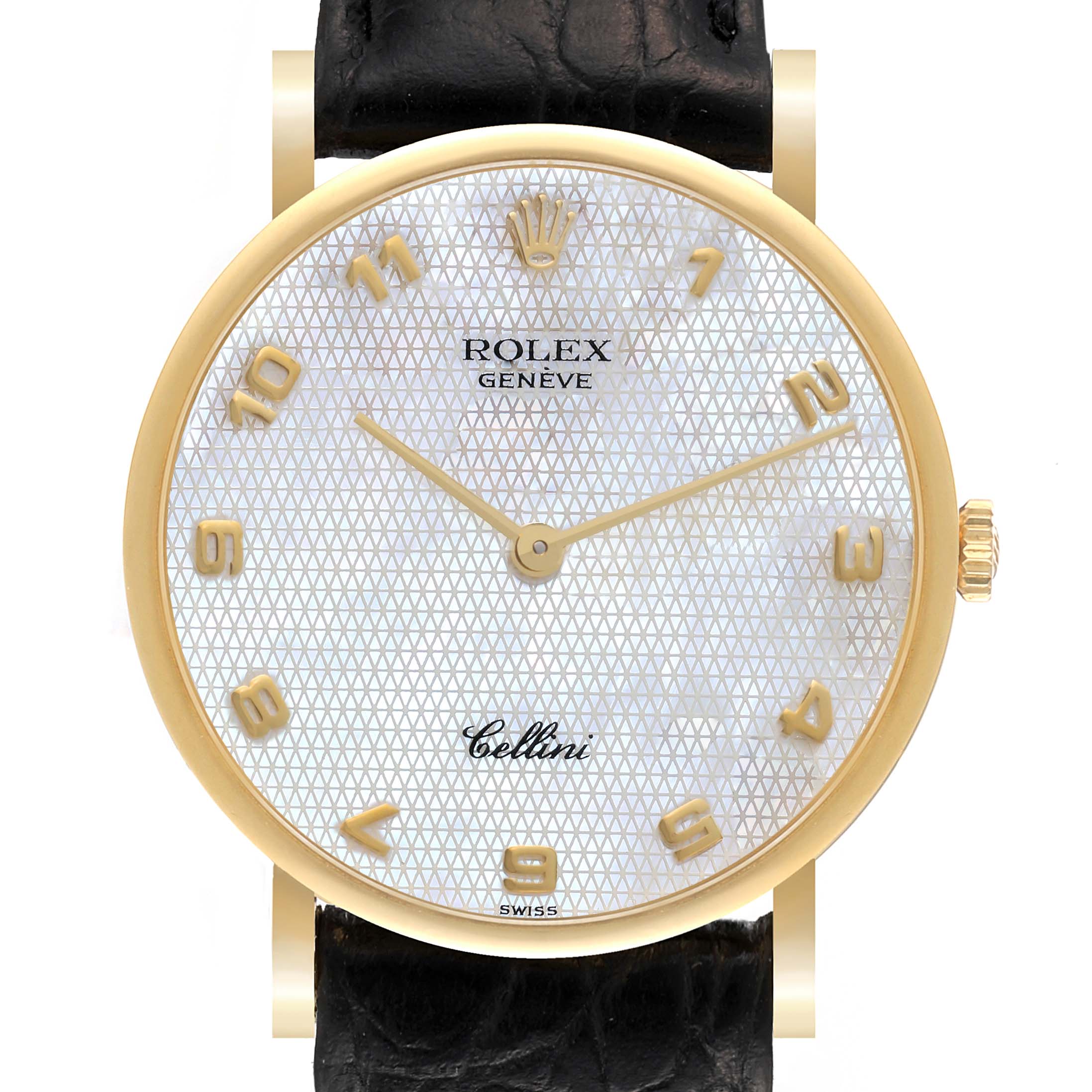 The image shows a Rolex Cellini 5112 Men's Yellow Gold Mother of Pearl Dial 5112 Men's Yellow Gold Mother of Pearl Dial watch face with gold hour markers and hands, featuring a black leather strap.