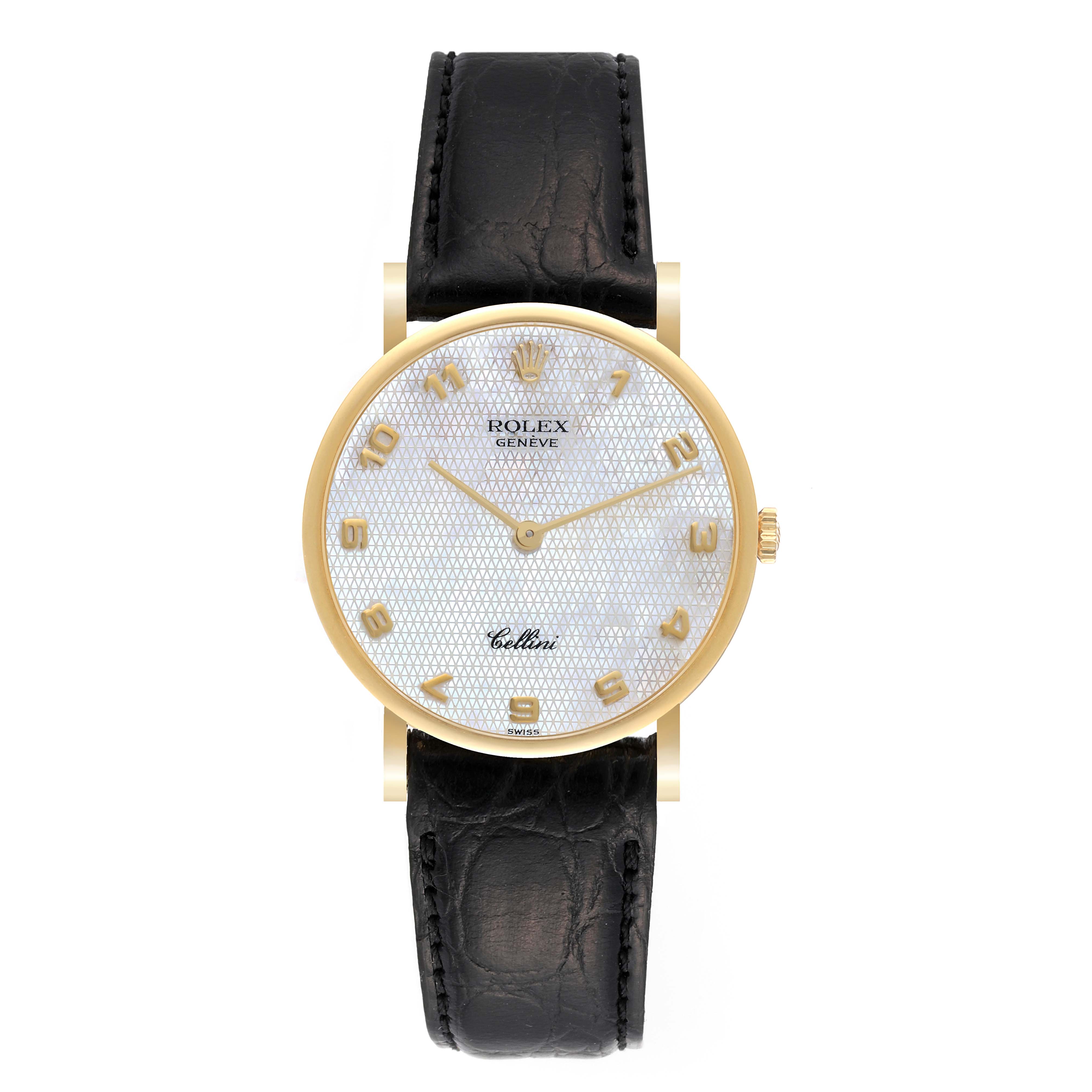 The image shows a frontal view of a Rolex Cellini 5112 Men's Yellow Gold Mother of Pearl Dial 5112 Men's Yellow Gold Mother of Pearl Dial model watch, displaying its face, bezel, and leather strap.