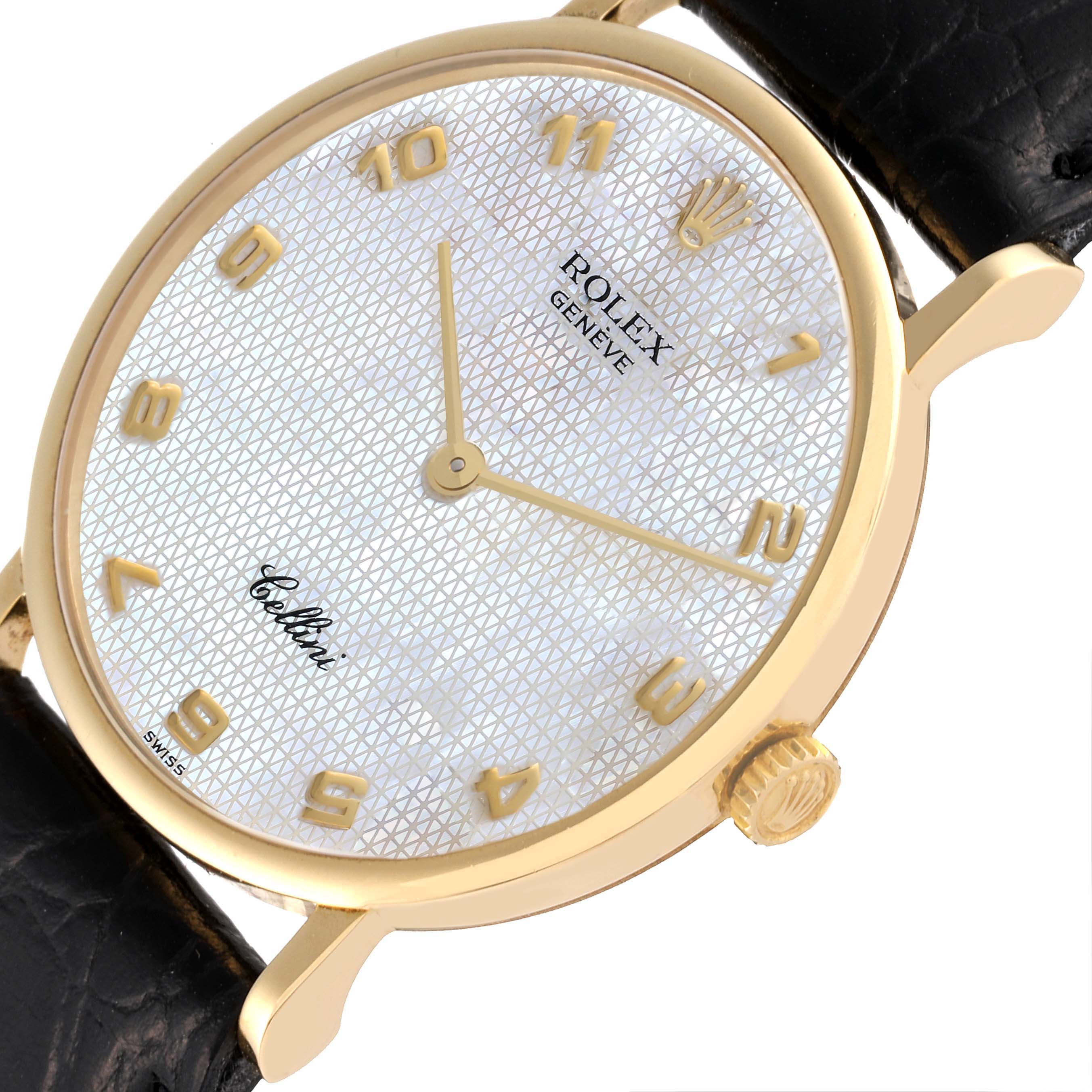 This is a close-up, angled view of a Rolex Cellini 5112 Men's Yellow Gold Mother of Pearl Dial 5112 Men's Yellow Gold Mother of Pearl Dial watch, showing the white dial, gold numerals, case, crown, and black leather strap.