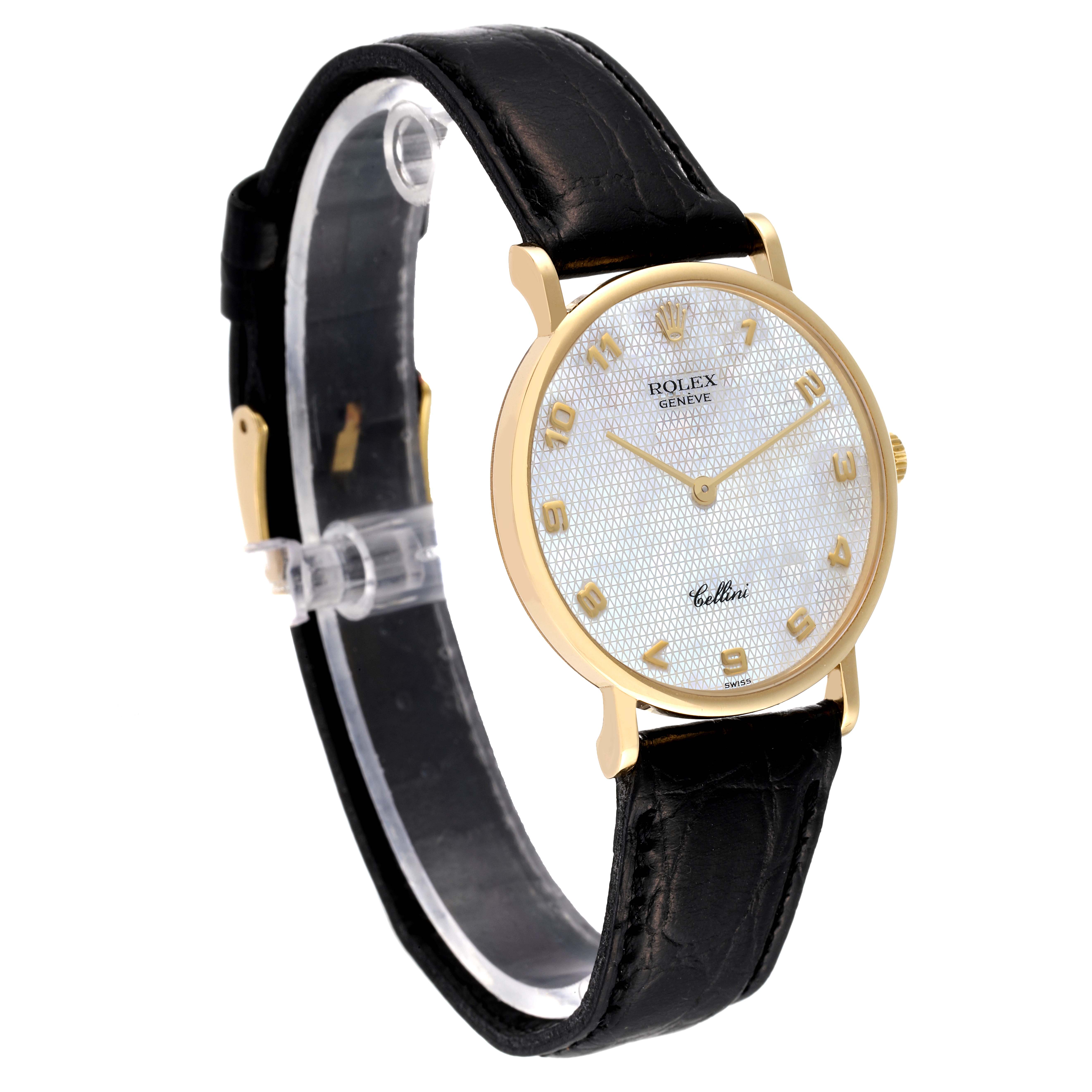 This image shows a Rolex Cellini 5112 Men's Yellow Gold Mother of Pearl Dial 5112 Men's Yellow Gold Mother of Pearl Dial watch at a slight side angle, featuring the watch face, gold case, and black leather strap.