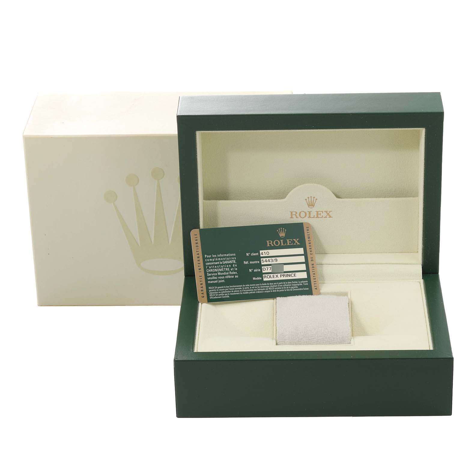 This image shows the packaging and paperwork for a Rolex Cellini 5443/9 Men's White Gold Black Dial 5443/9 Men's White Gold Black Dial watch, including the box and warranty card.