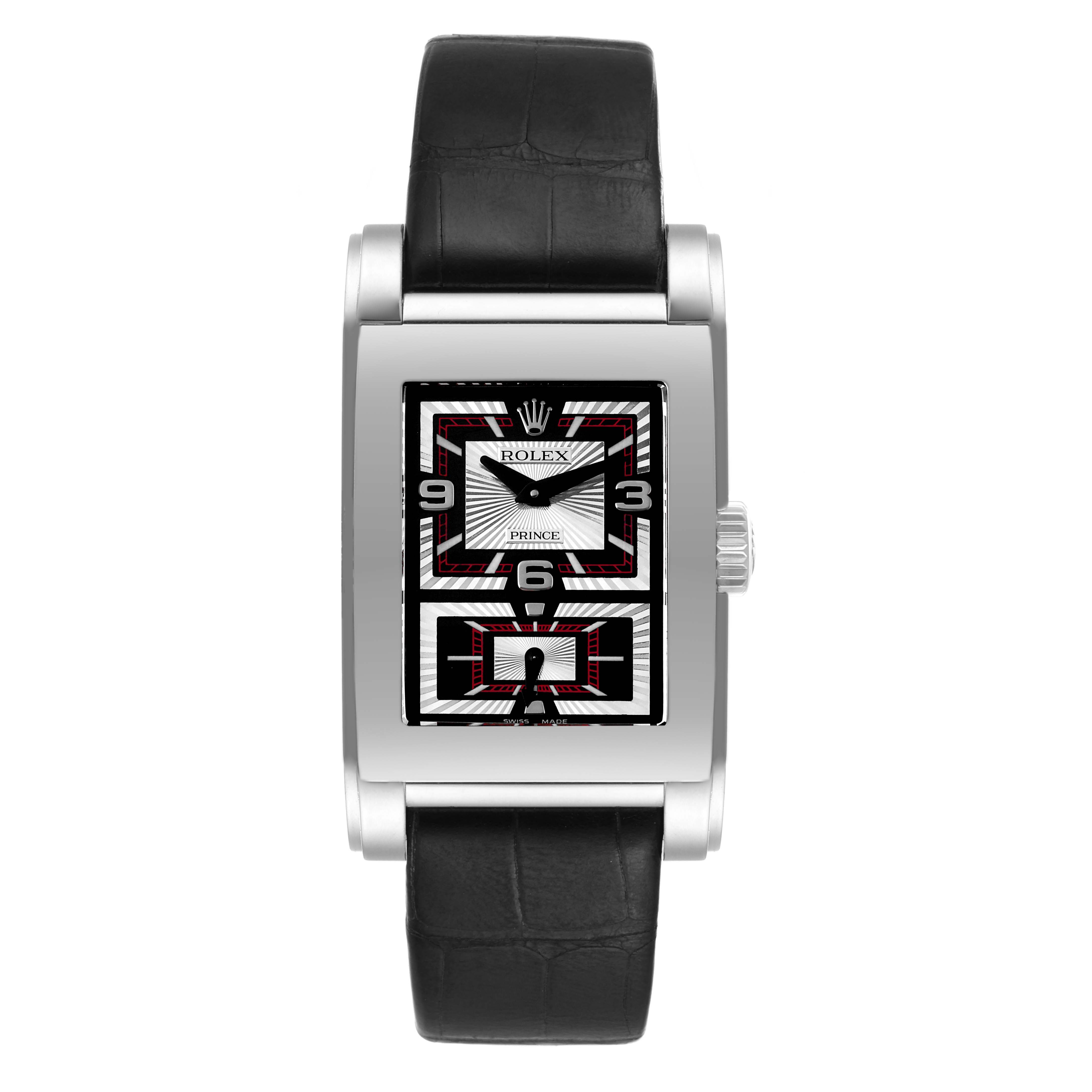 The image shows a front view of the Rolex Cellini 5443/9 Men's White Gold Black Dial 5443/9 Men's White Gold Black Dial Prince model watch with a rectangular dial and black leather strap.