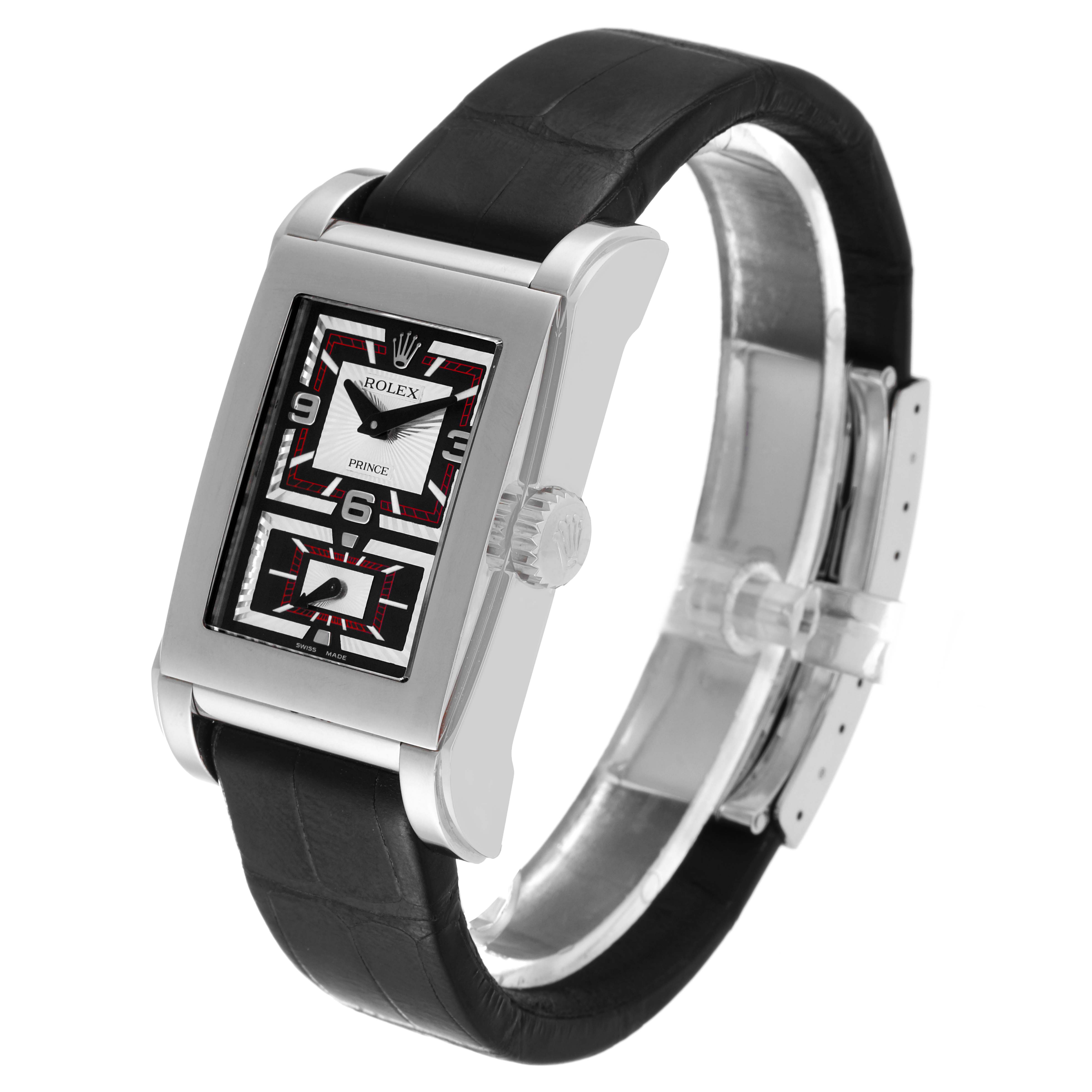 The Rolex Cellini 5443/9 Men's White Gold Black Dial 5443/9 Men's White Gold Black Dial watch is shown at a side angle, displaying the face, crown, and black leather strap.