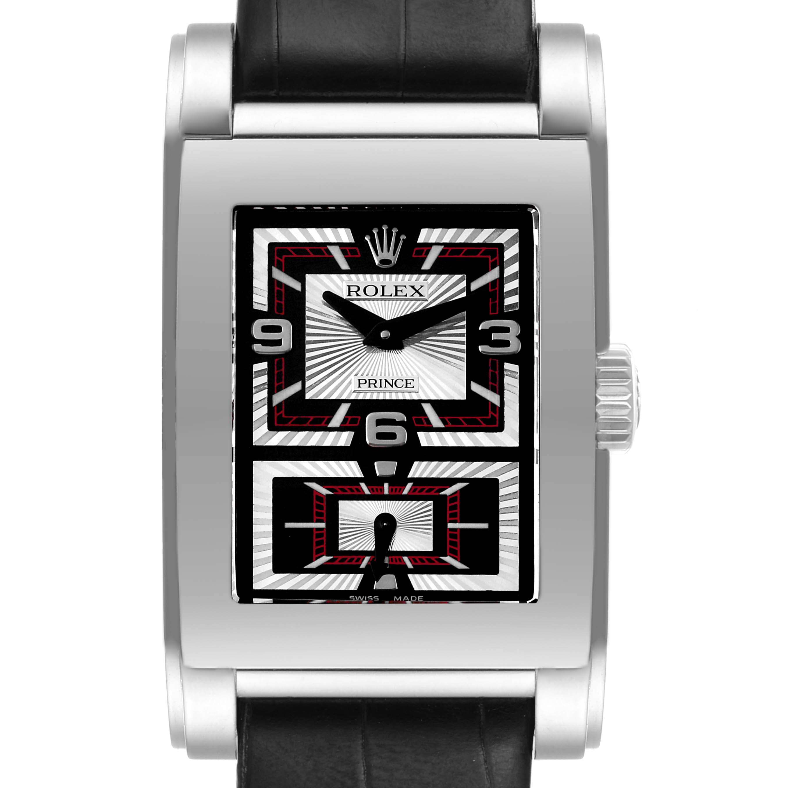 This image shows a close-up, front view of a Rolex Cellini 5443/9 Men's White Gold Black Dial 5443/9 Men's White Gold Black Dial Prince watch with a black leather strap.