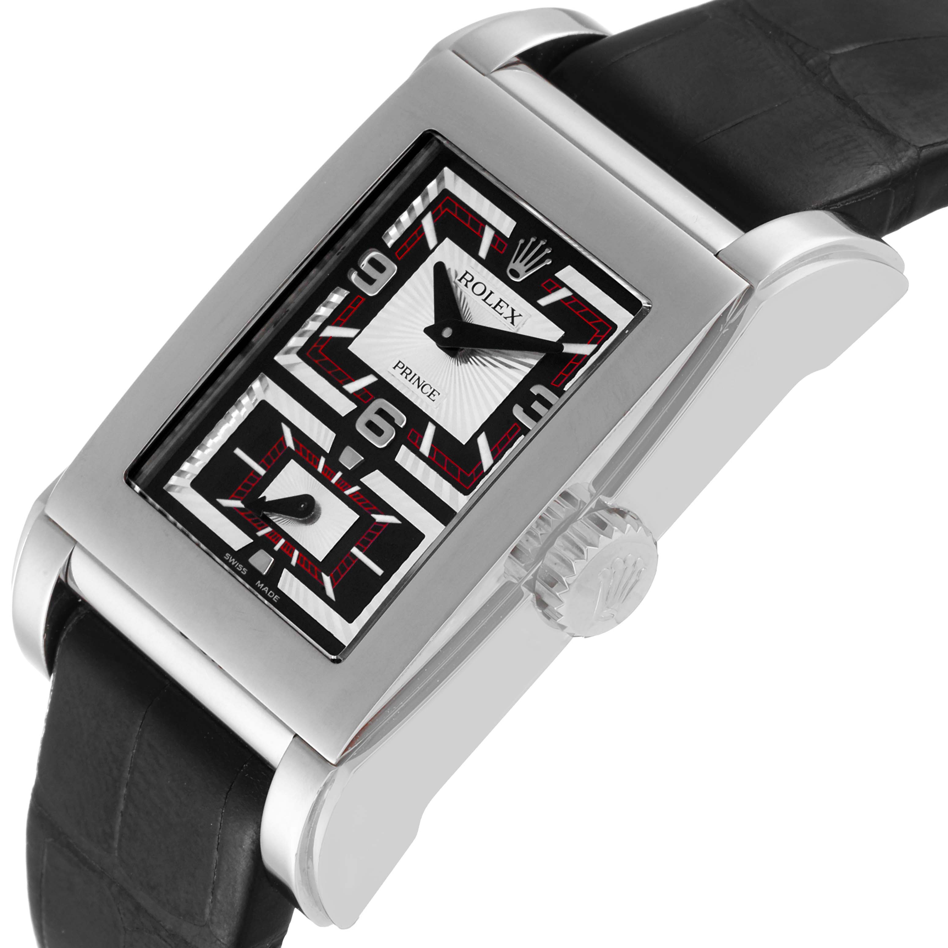 The image shows a close-up angle of the Rolex Cellini 5443/9 Men's White Gold Black Dial 5443/9 Men's White Gold Black Dial Prince with its rectangular dial, side crown, and black leather strap.