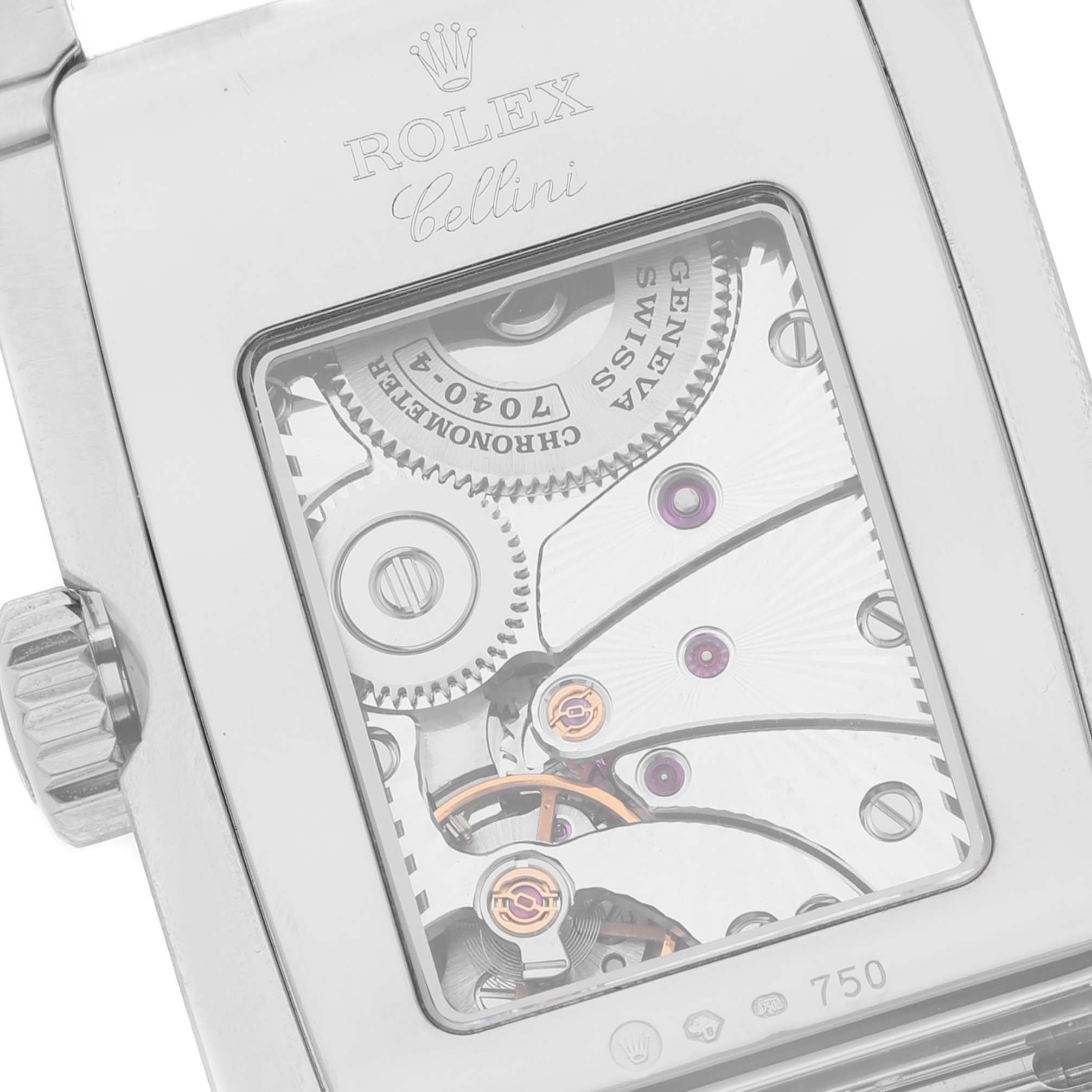 The image shows the back of a Rolex Cellini 5443/9 Men's White Gold Black Dial 5443/9 Men's White Gold Black Dial watch, highlighting its intricate mechanical movement and inscriptions.