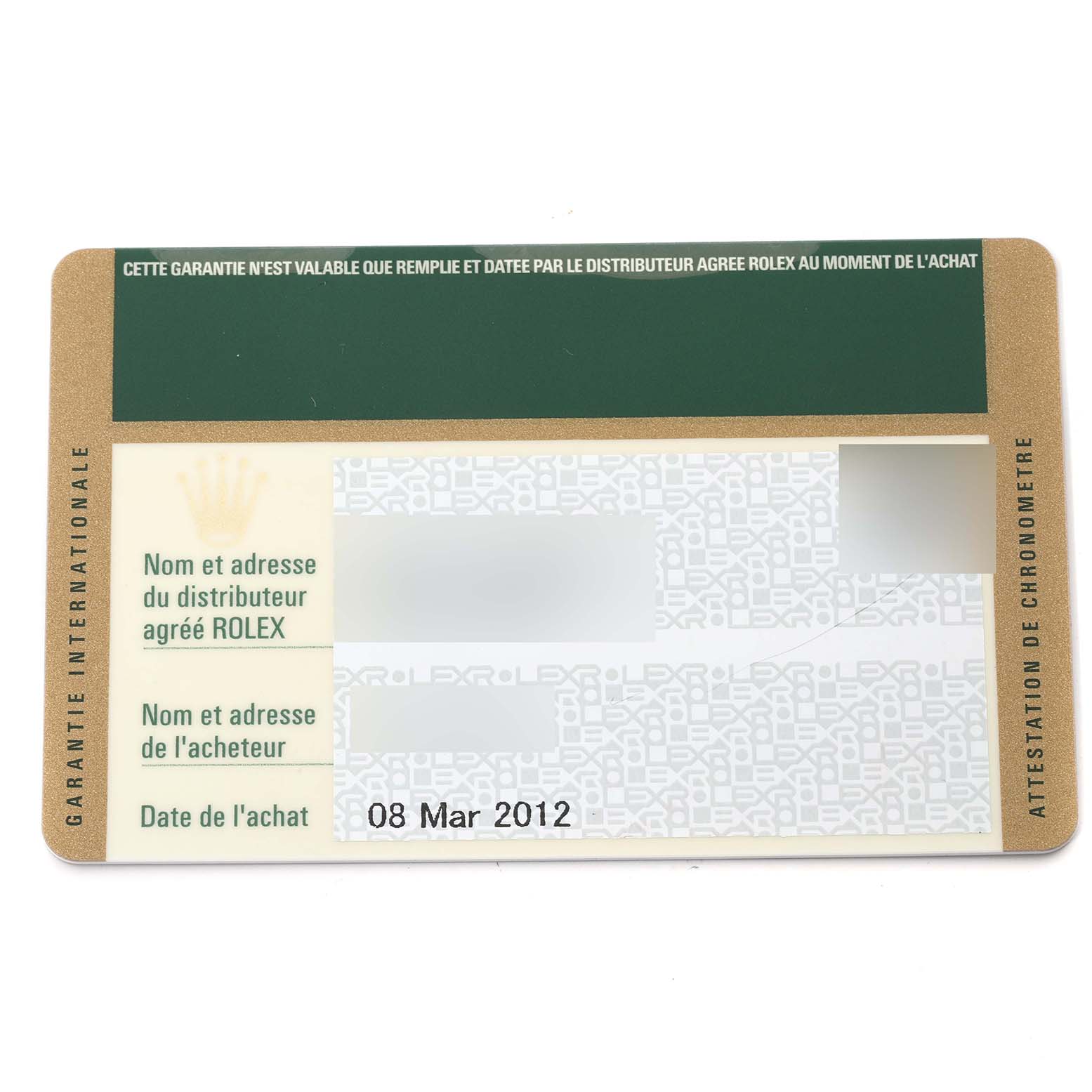 This is a top view of the warranty card for a Rolex Cellini 5443/9 Men's White Gold Black Dial 5443/9 Men's White Gold Black Dial watch, showing the purchase date and sections for distributor and buyer details.