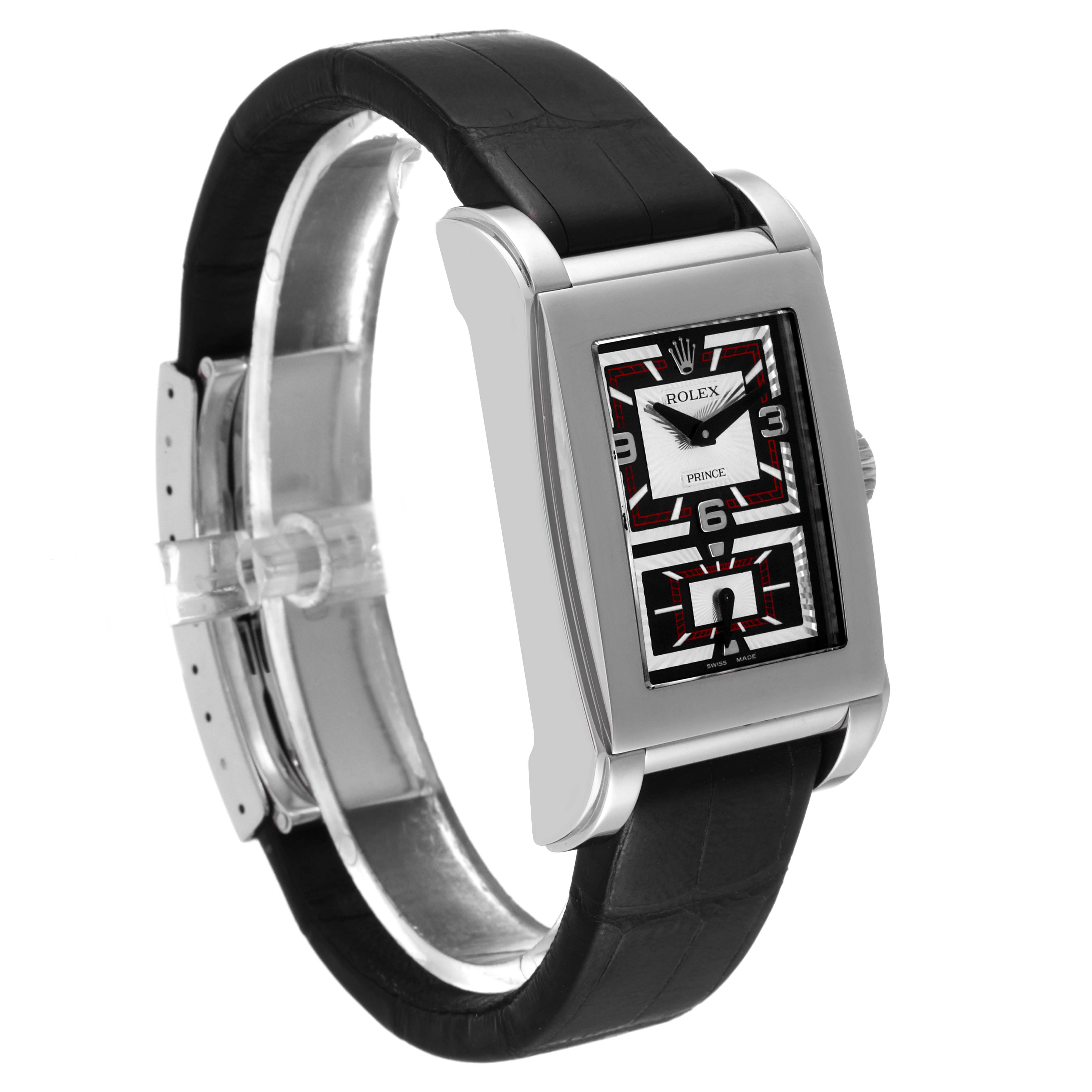 The image shows a Rolex Cellini 5443/9 Men's White Gold Black Dial 5443/9 Men's White Gold Black Dial Prince watch at a side angle, highlighting its rectangular face and black leather strap.