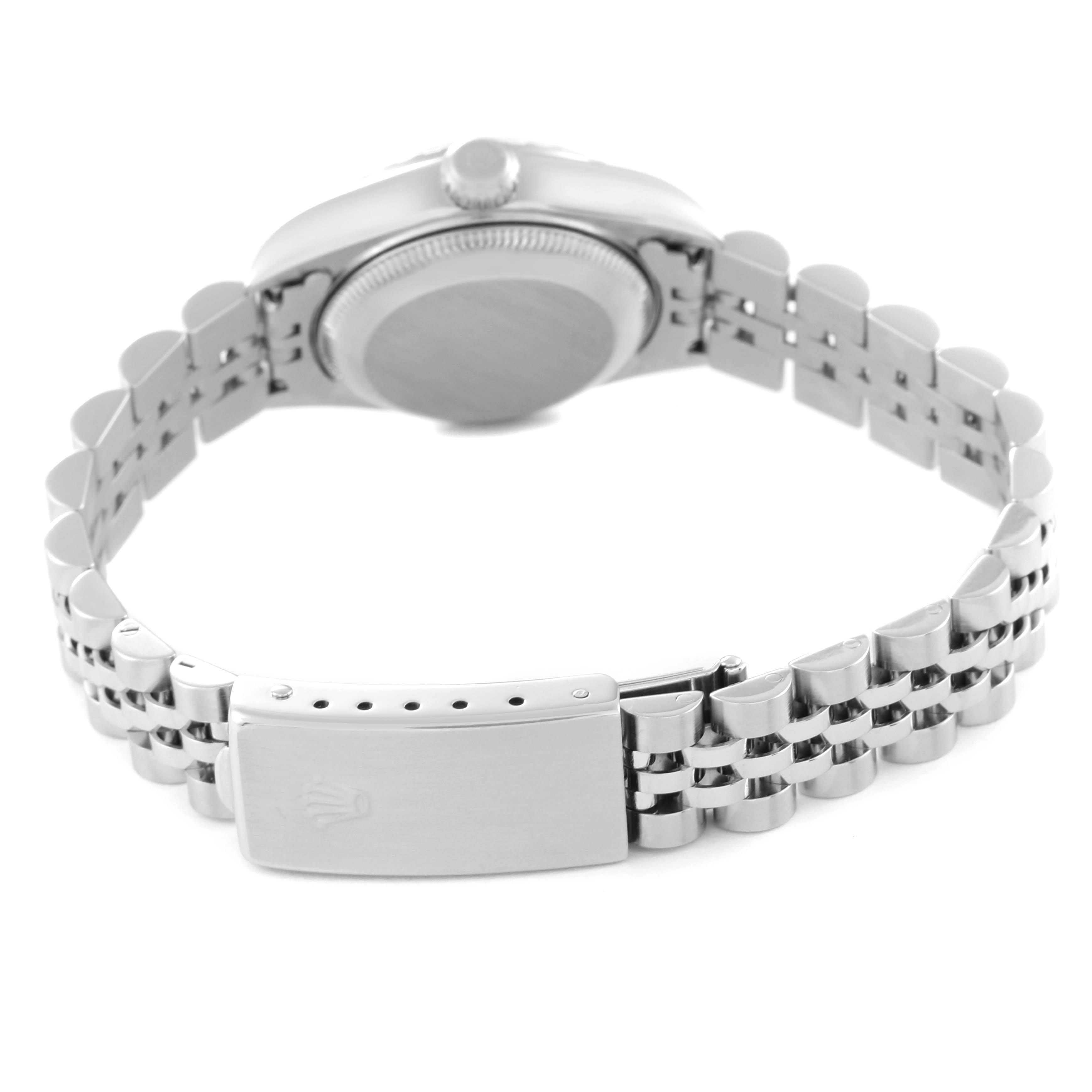 The image shows a rear view of a Rolex Date 79240 Women
s Stainless Steel Silver Dial 79240 Women
s Stainless Steel Silver Dial model watch, highlighting the case back and bracelet with clasp.