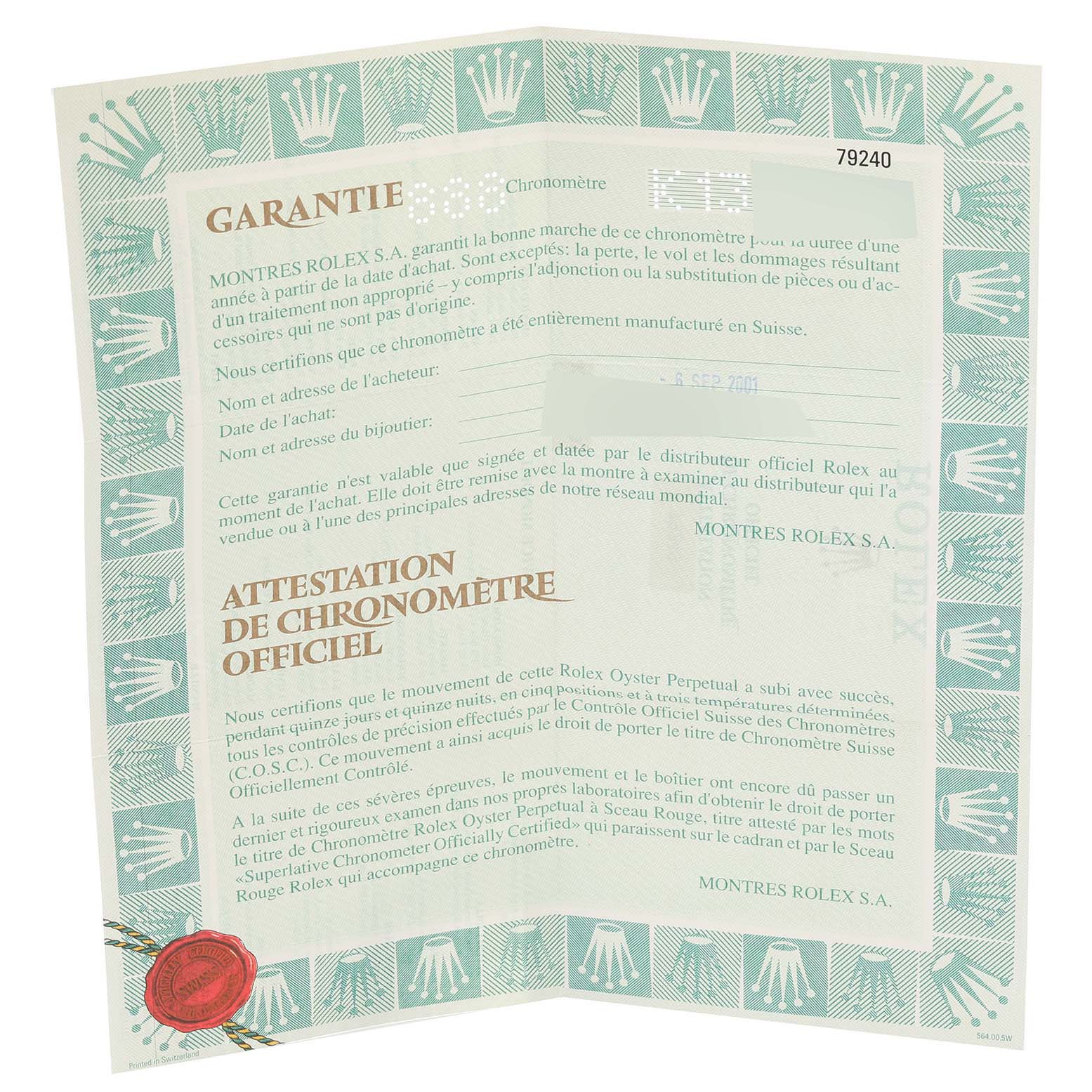 This image shows a warranty certificate for a Rolex Date 79240 Women
s Stainless Steel Silver Dial 79240 Women
s Stainless Steel Silver Dial model watch, featuring the brand
s logos and official text.