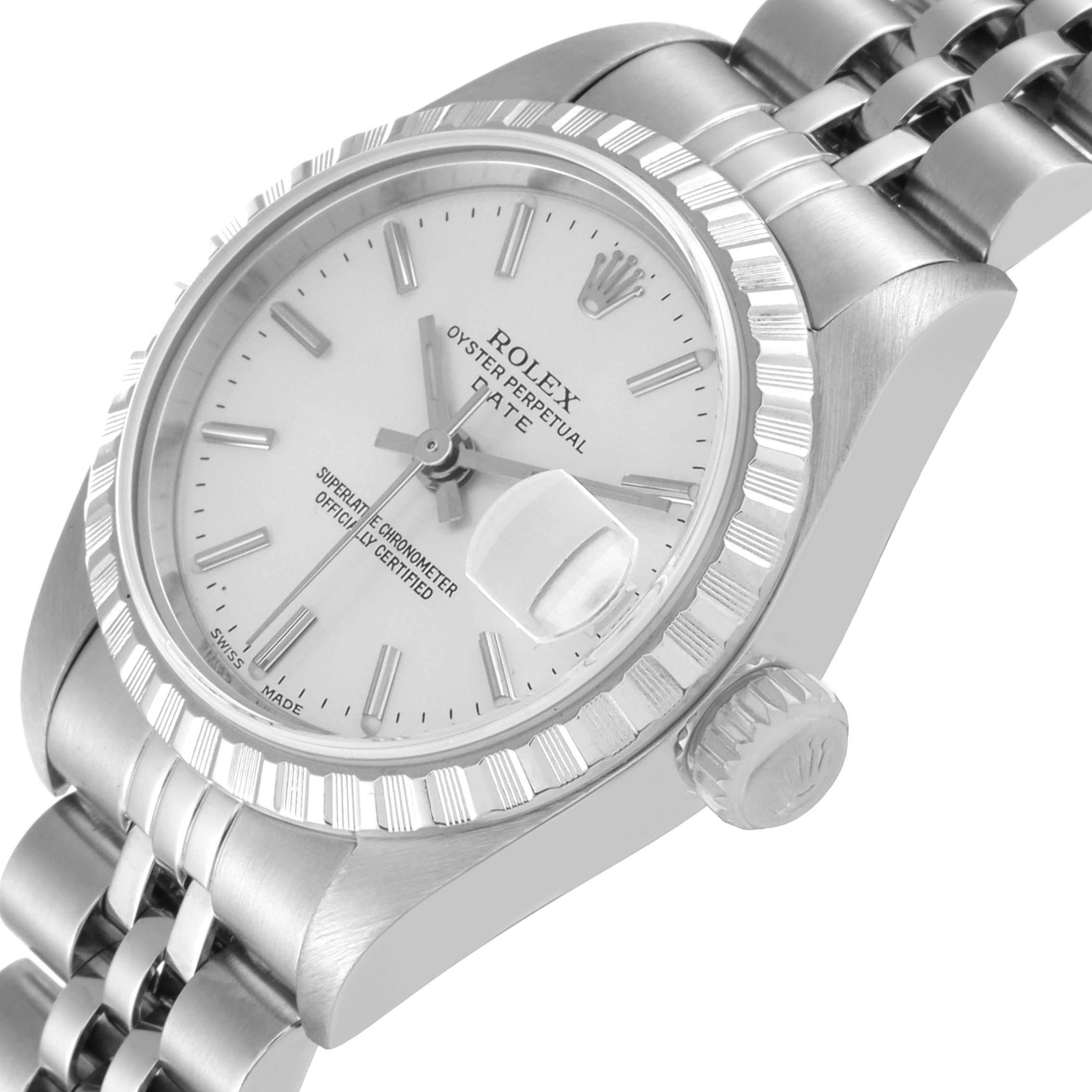 The image shows a close-up angled view of the face, bezel, and crown of a Rolex Oyster Perpetual Date model watch.