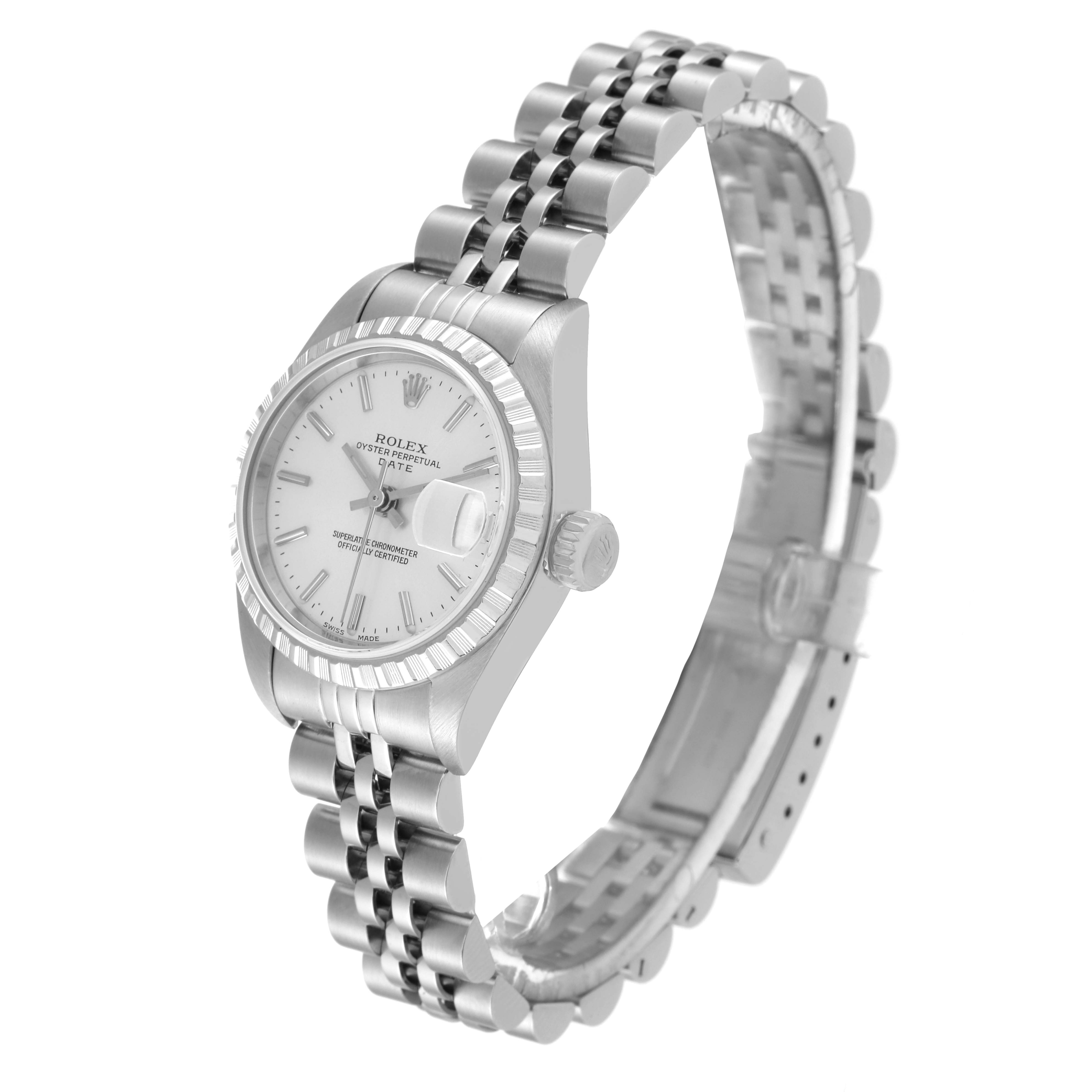 This image shows a side angle of a Rolex Date 79240 Women
s Stainless Steel Silver Dial 79240 Women
s Stainless Steel Silver Dial model watch, highlighting its face, bezel, crown, and bracelet.