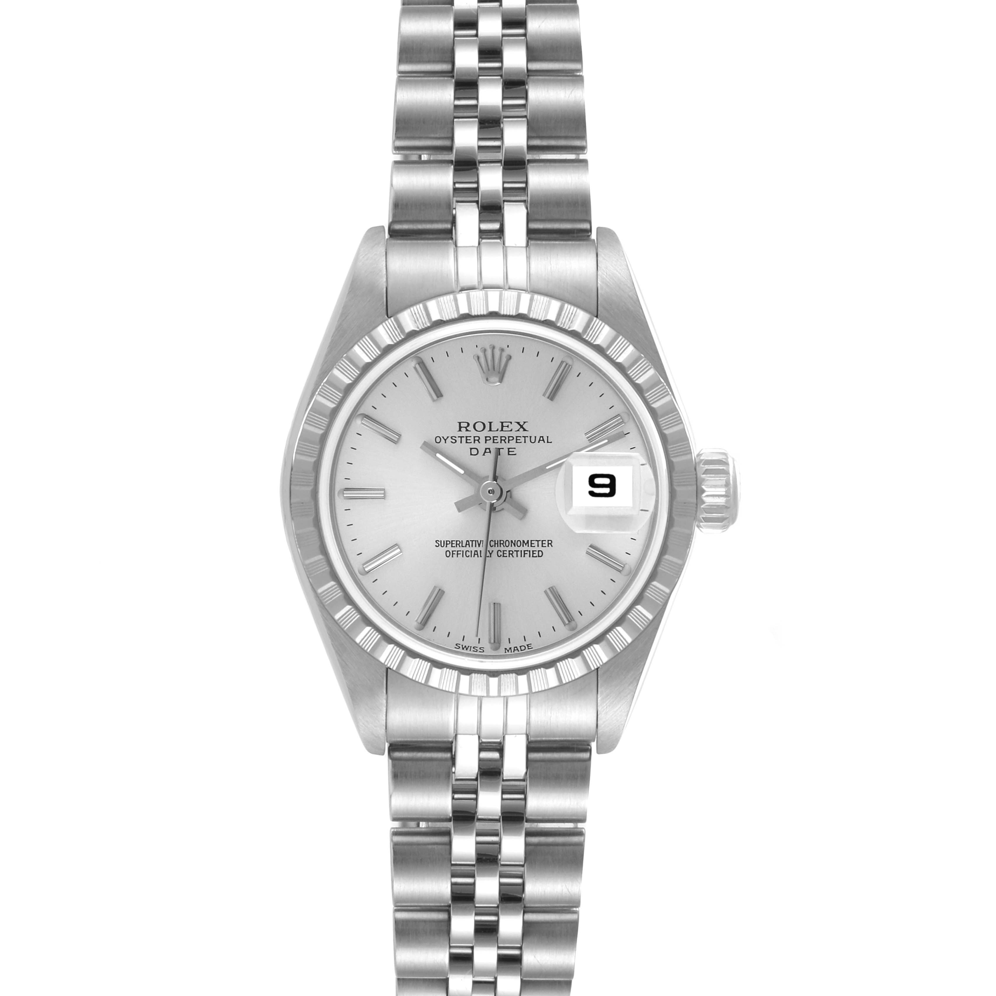 The Rolex Date 79240 Women
s Stainless Steel Silver Dial 79240 Women
s Stainless Steel Silver Dial model is shown from a top-down angle, highlighting the dial, bezel, bracelet, and date window.