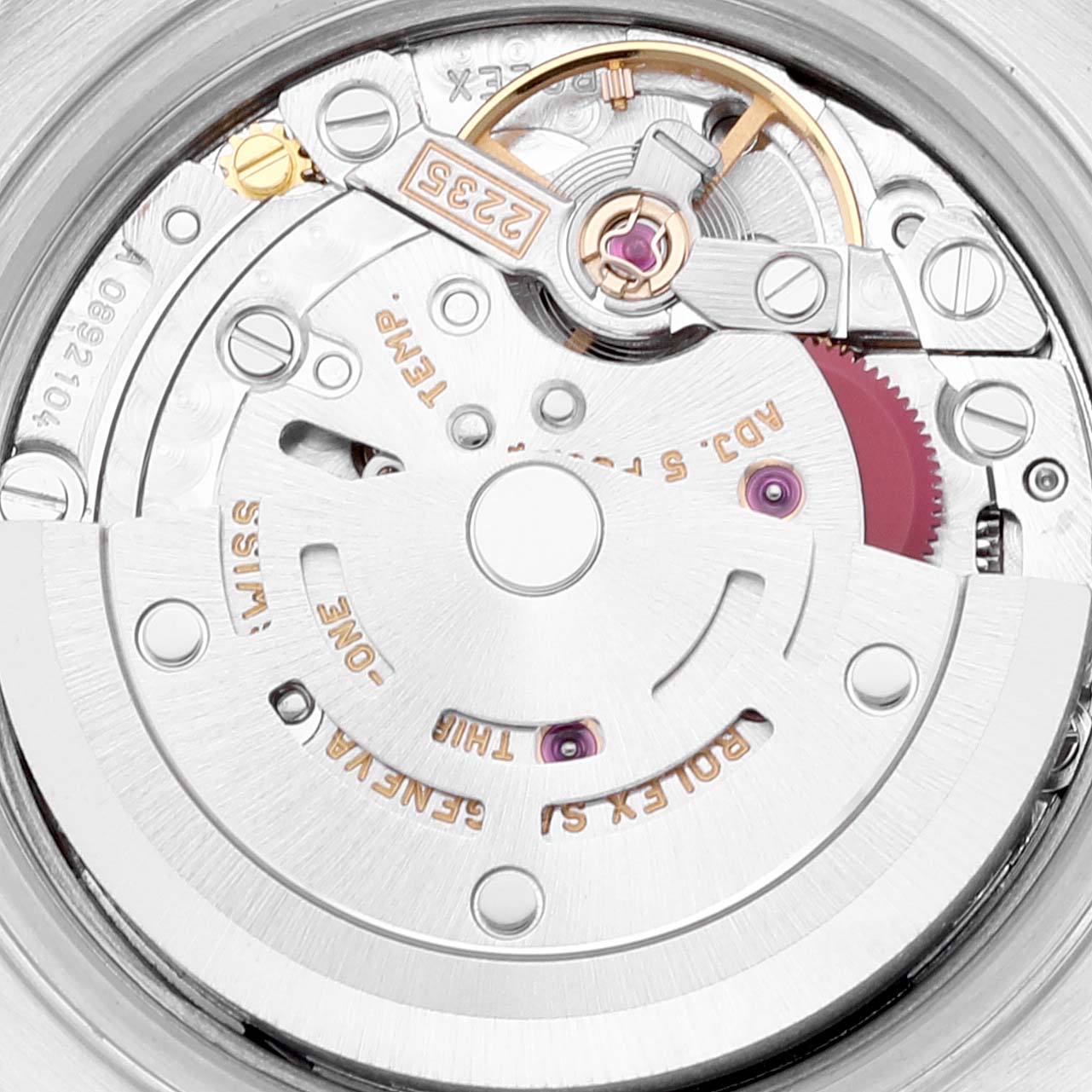 This image shows the intricate internal mechanism of a Rolex Date 79240 Women
s Stainless Steel Silver Dial 79240 Women
s Stainless Steel Silver Dial model watch, focusing on the movement and rotor components.