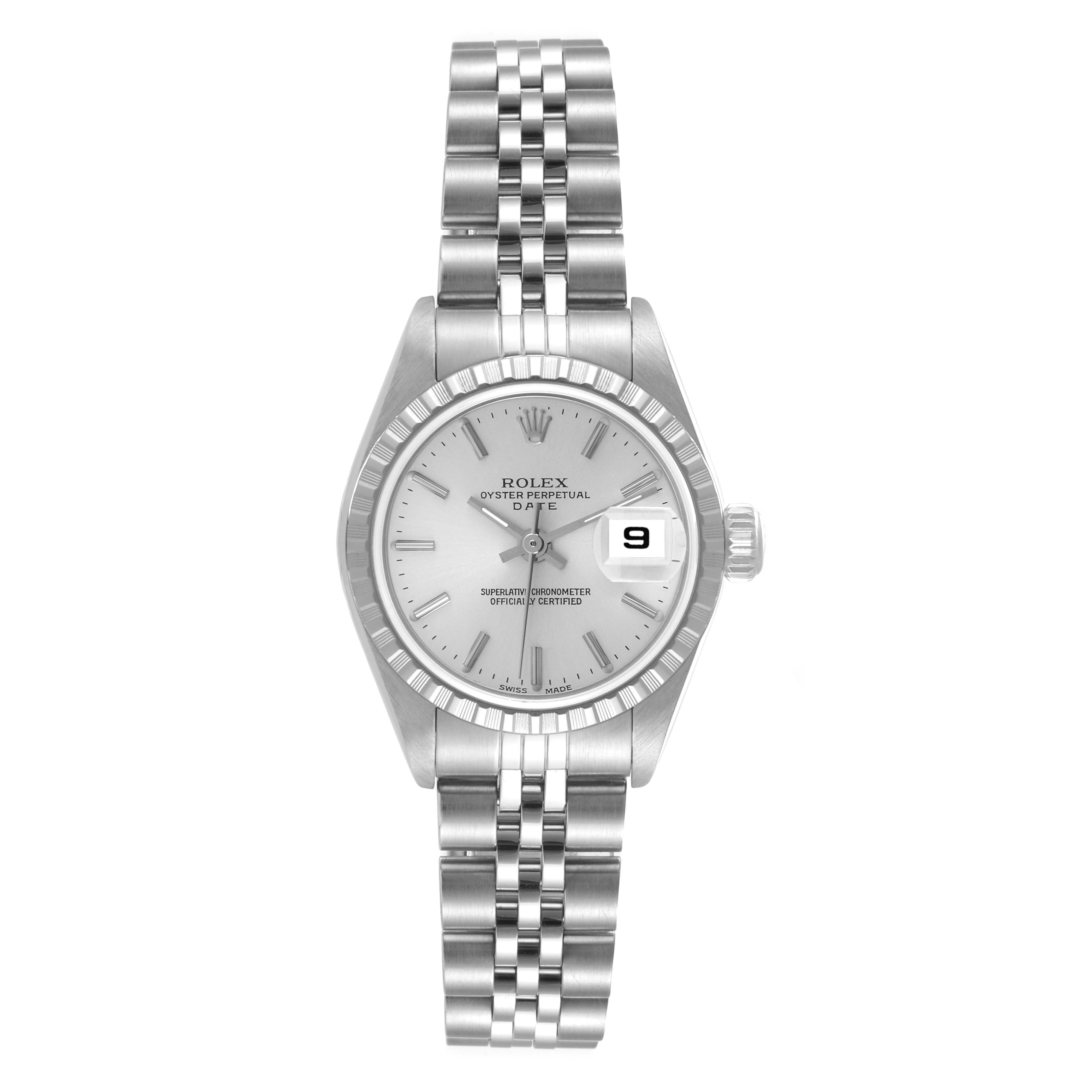 This image shows a Rolex Date 79240 Women
s Stainless Steel Silver Dial 79240 Women
s Stainless Steel Silver Dial model watch from a top-down view, detailing the dial, bracelet, and date display.