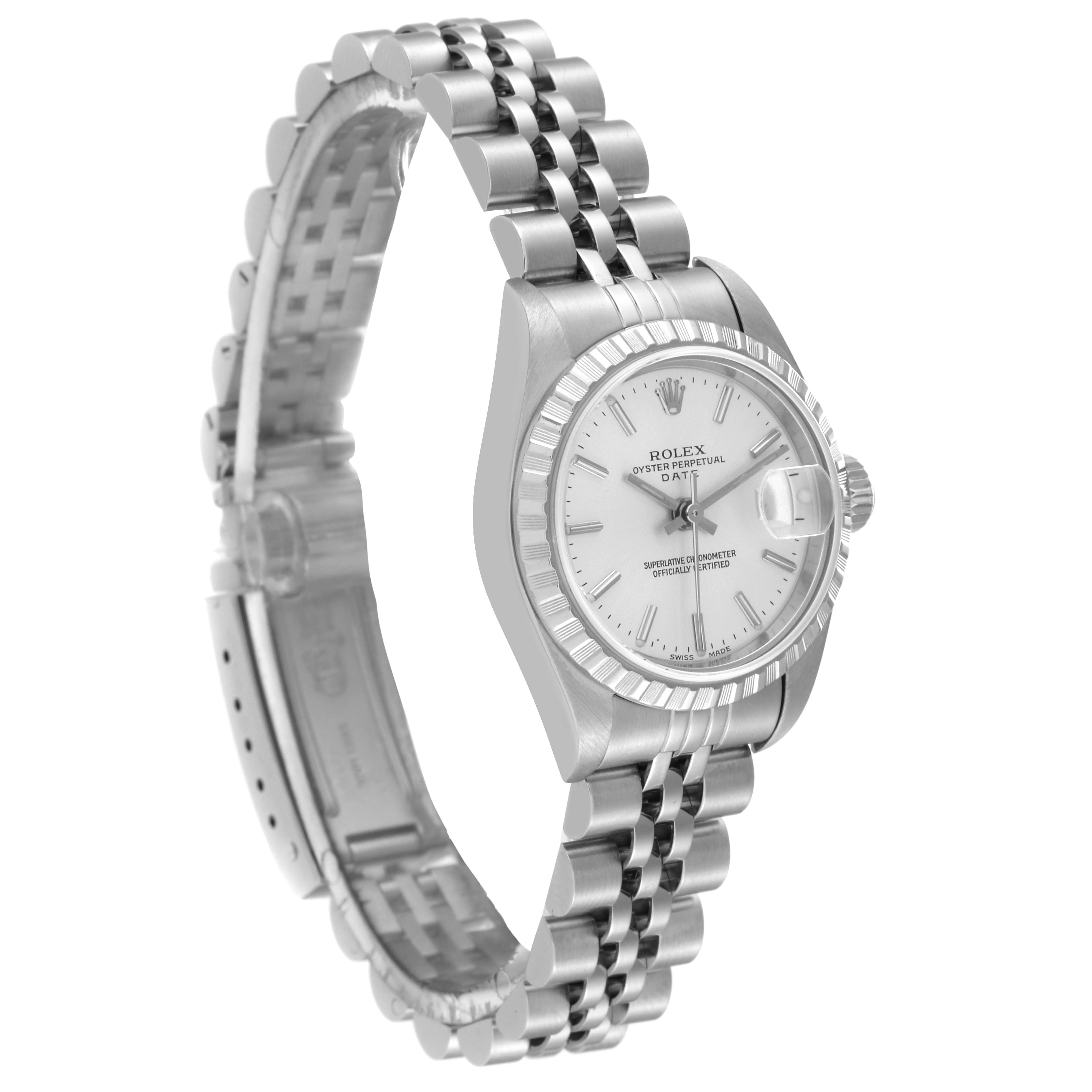 This image shows a side angle of the Rolex Date 79240 Women
s Stainless Steel Silver Dial 79240 Women
s Stainless Steel Silver Dial model watch, highlighting its face, bezel, crown, and bracelet.