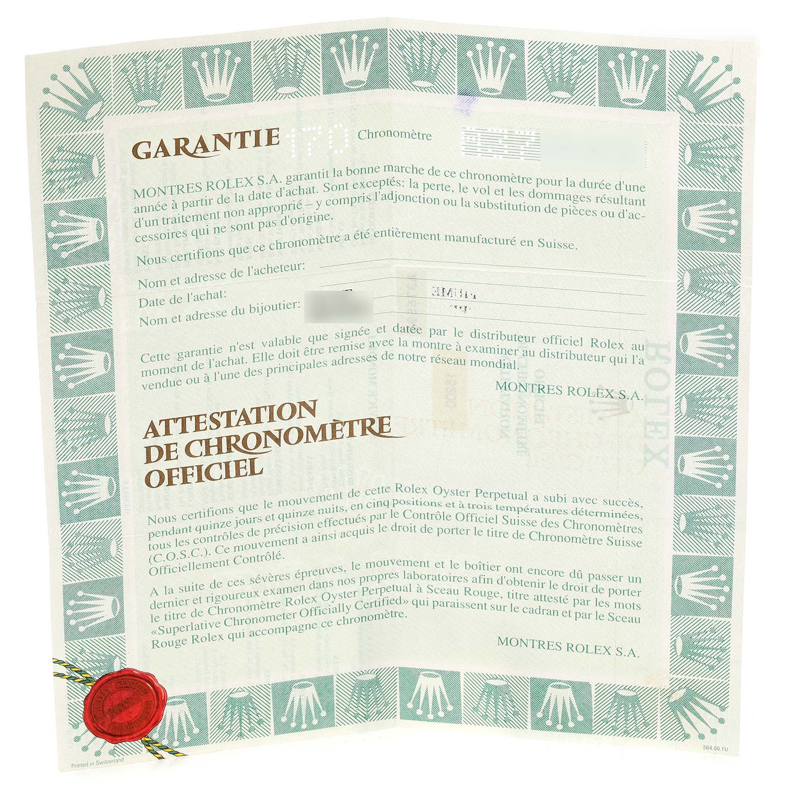 The image shows a warranty and certification document for a Rolex Date 15200 Men's Stainless Steel Silver Dial 15200 Men's Stainless Steel Silver Dial model watch, issued by Montres Rolex S.A.