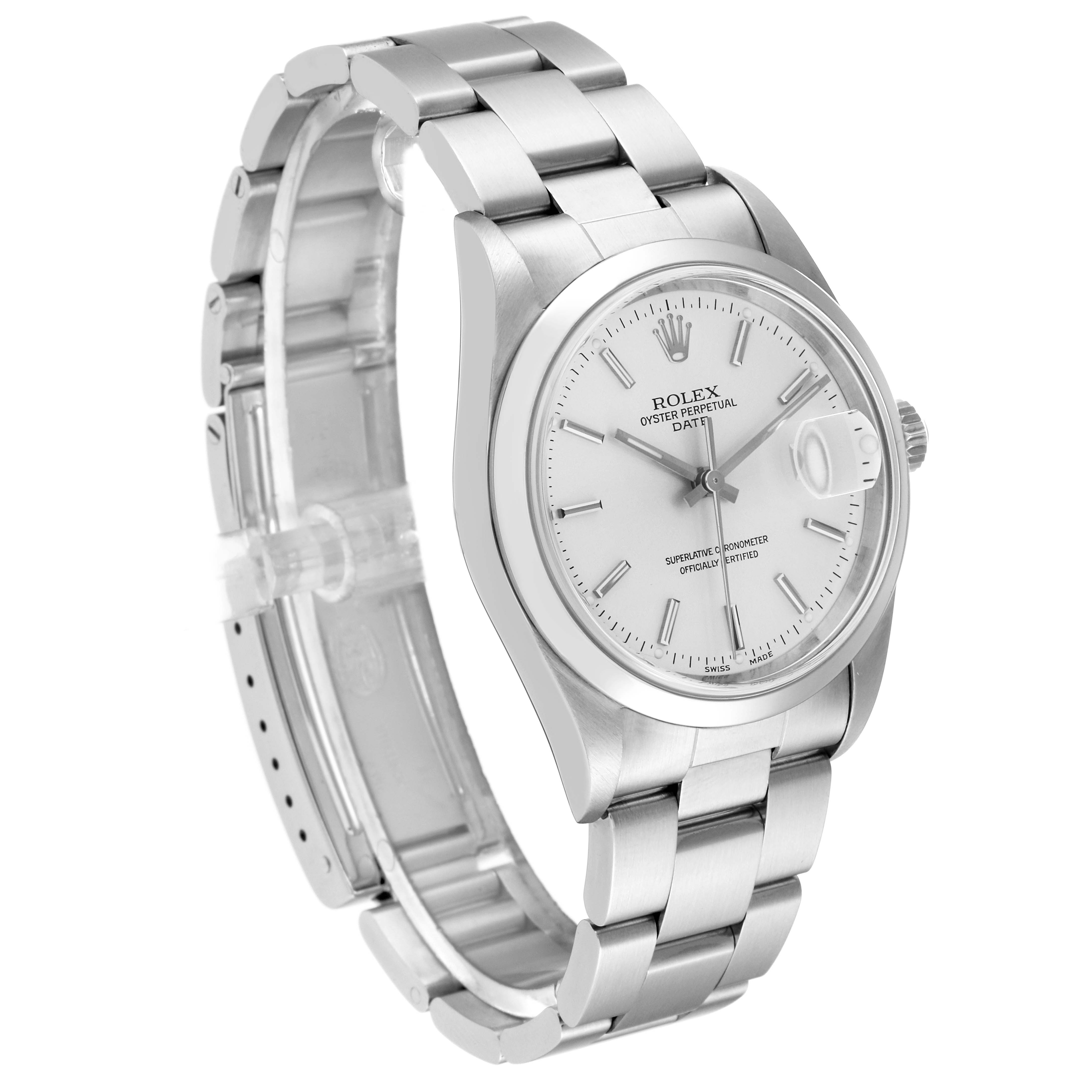 The image shows a side angle of a Rolex Date 15200 Men's Stainless Steel Silver Dial 15200 Men's Stainless Steel Silver Dial model watch, highlighting the dial, bracelet, and clasp.