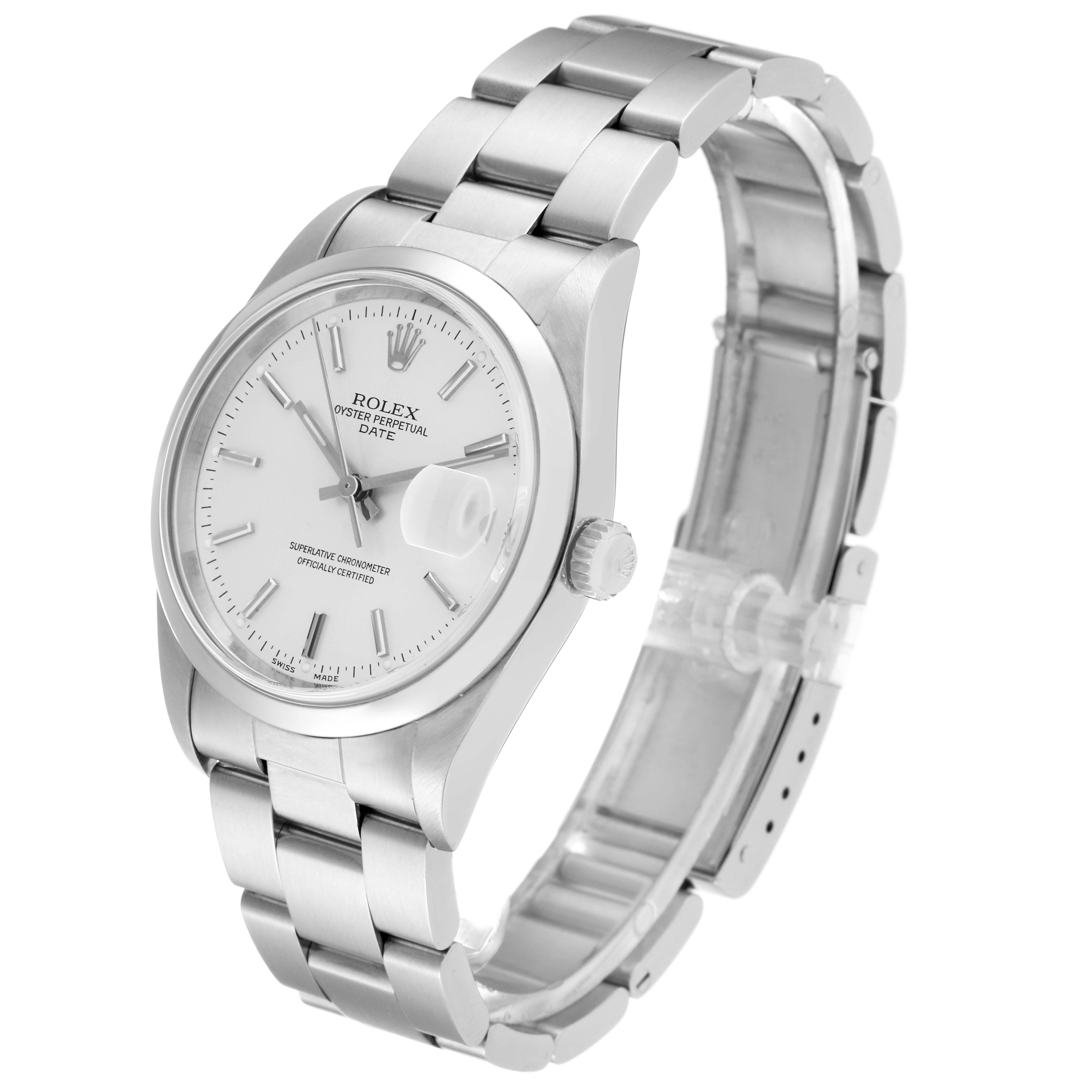 The image shows a Rolex Date 15200 Men's Stainless Steel Silver Dial 15200 Men's Stainless Steel Silver Dial model watch at a three-quarter angle, displaying the face, crown, and bracelet.