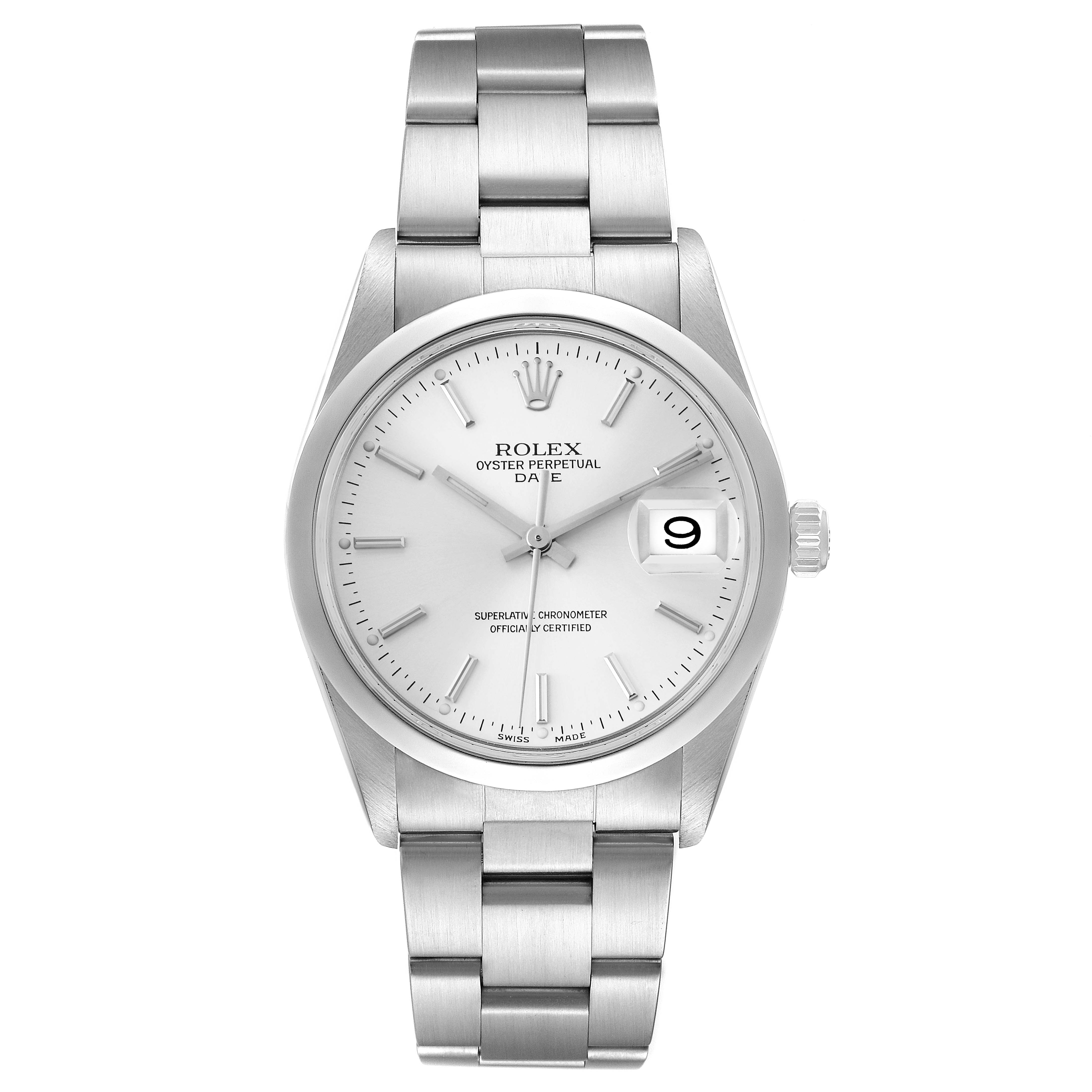 This image shows a Rolex Date 15200 Men's Stainless Steel Silver Dial 15200 Men's Stainless Steel Silver Dial model watch from a front angle, featuring the dial, case, bracelet, and date window at 3 o'clock.