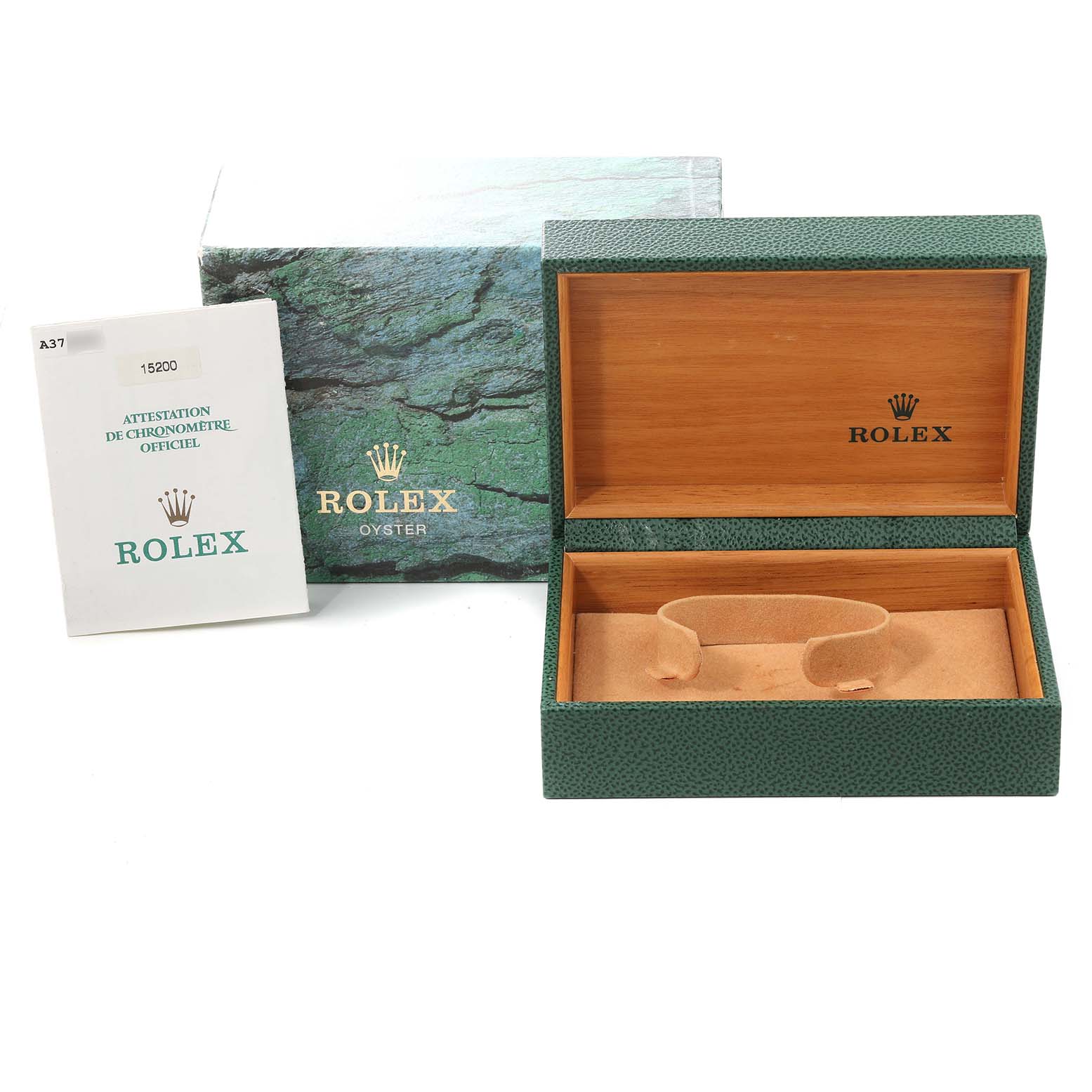 The image shows an opened Rolex Date 15200 Men's Stainless Steel Silver Dial 15200 Men's Stainless Steel Silver Dial watch box, green textured packaging, and a booklet.