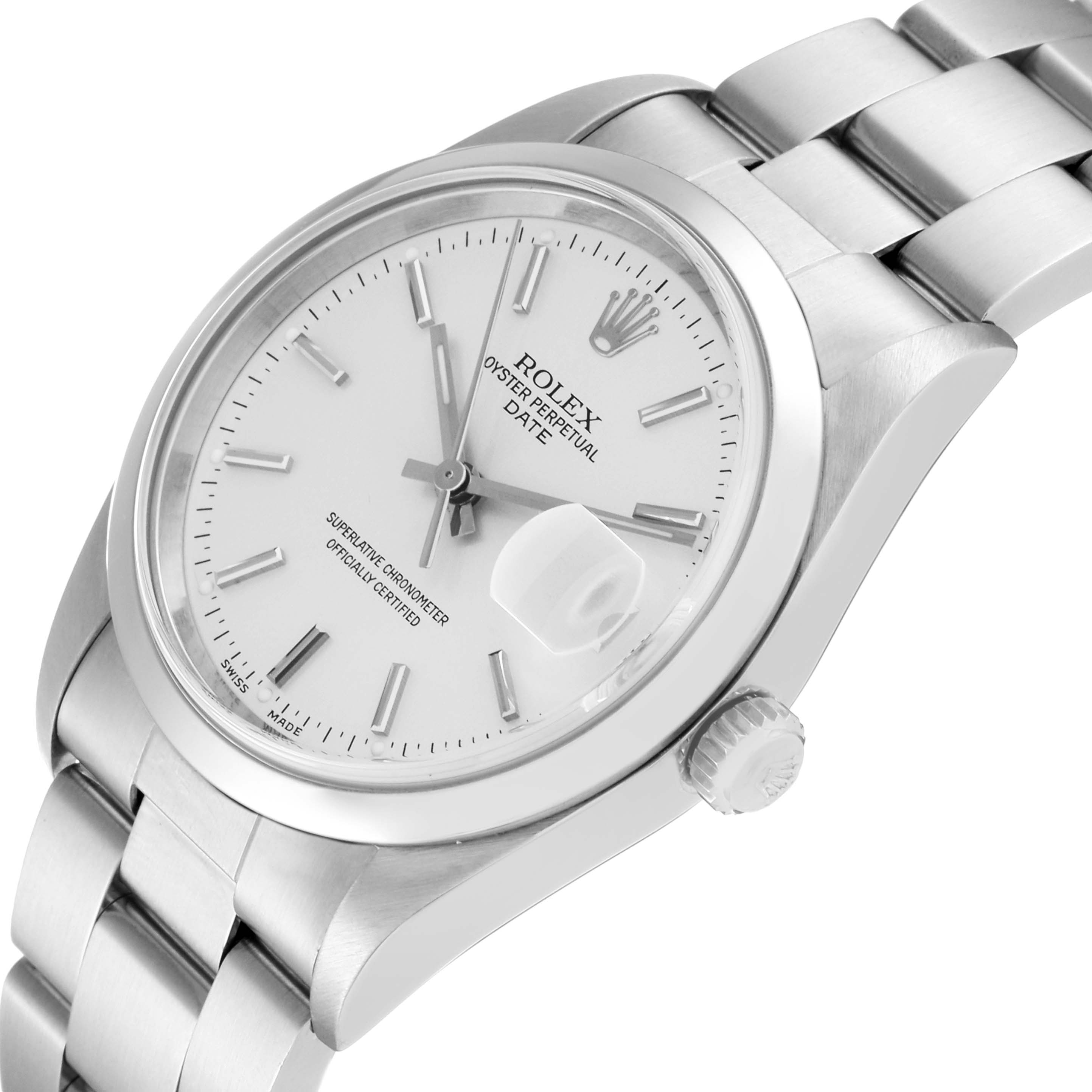 The image shows a close-up of a Rolex Oyster Perpetual Date watch, focusing on the dial, bezel, and part of the bracelet.