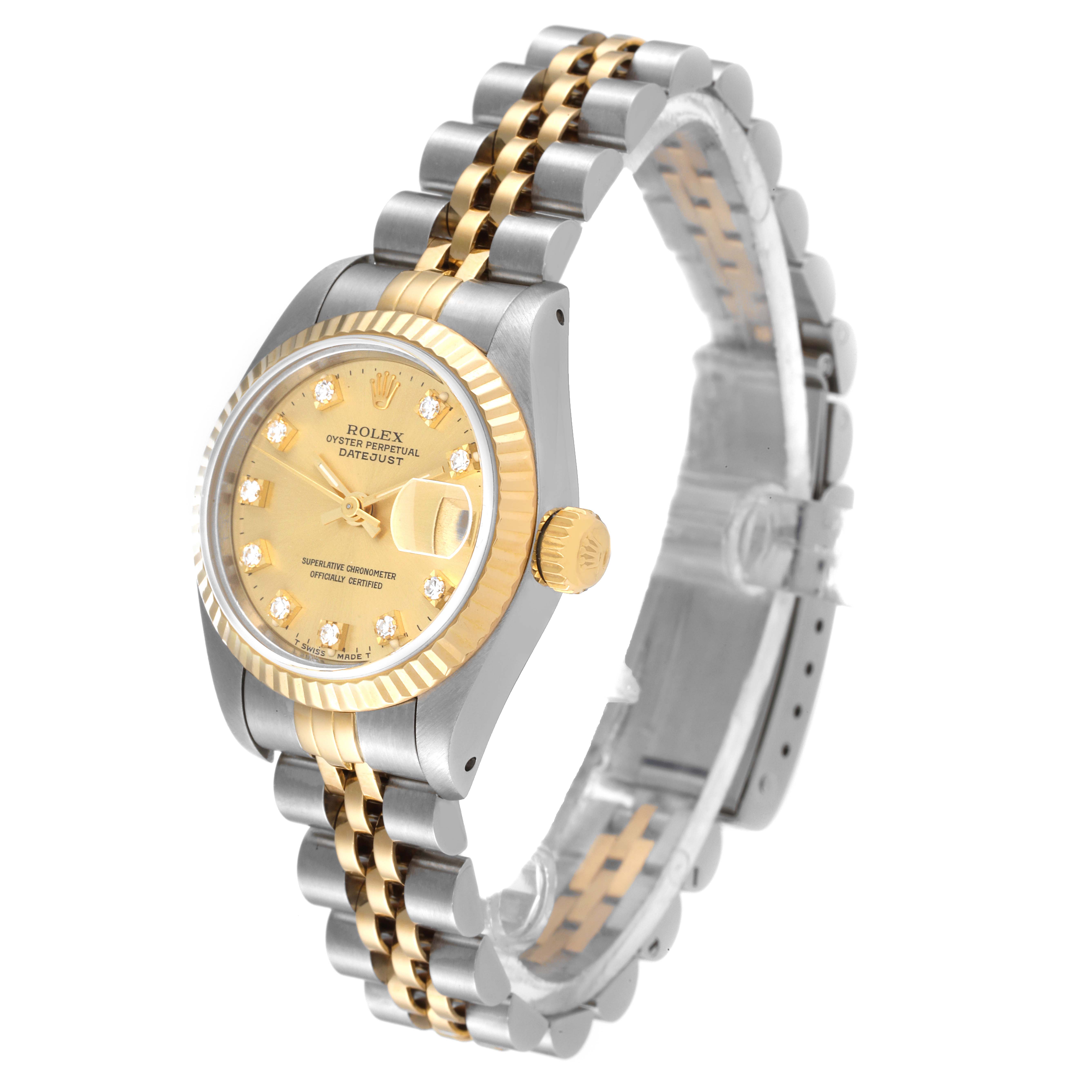 This image shows a side view of the Rolex Datejust 69173 Women's Steel and Gold (two tone) Champagne Dial 69173 Women's Steel and Gold (two tone) Champagne Dial, highlighting the gold and silver bracelet, crown, bezel, and dial.