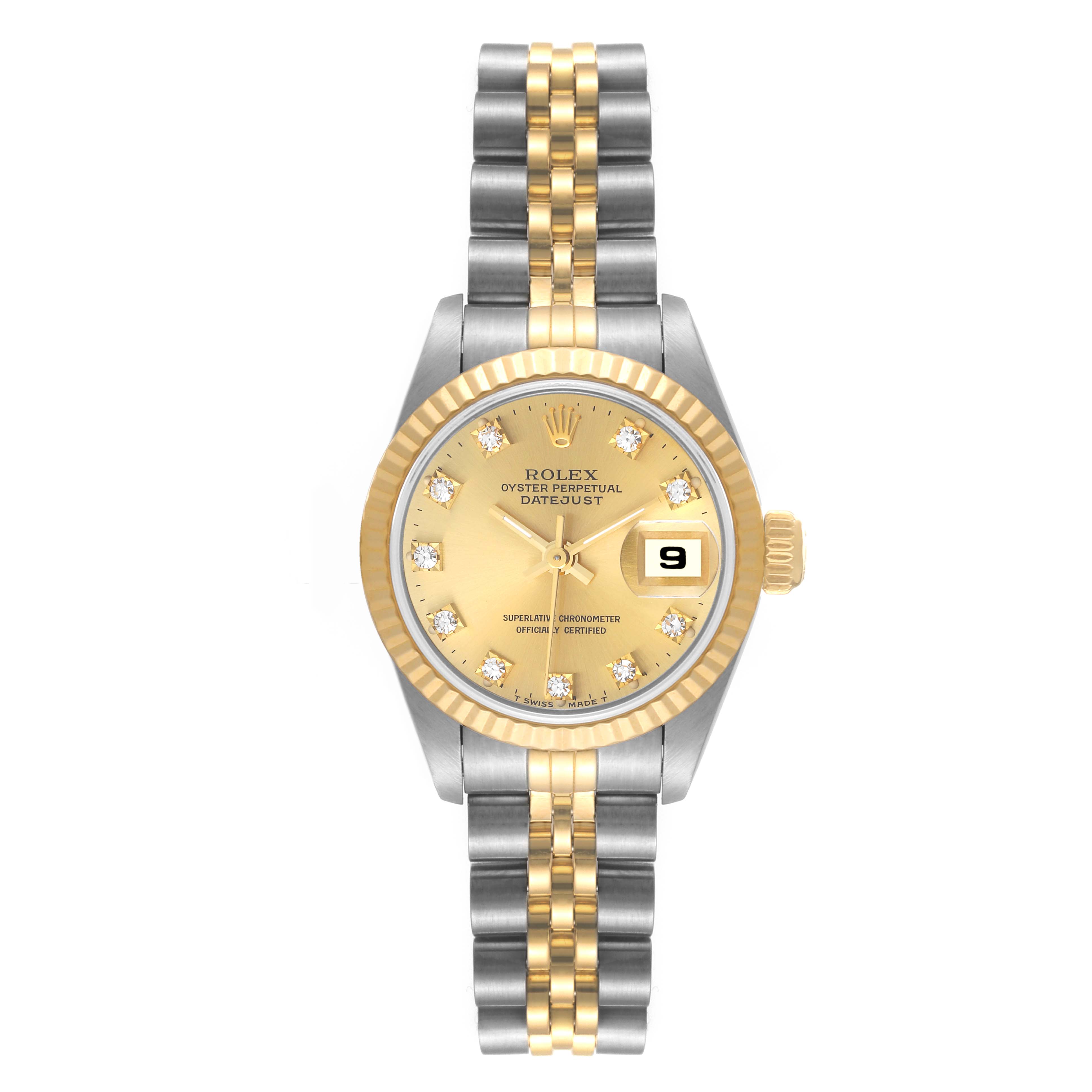 This image shows a front view of a Rolex Datejust 69173 Women's Steel and Gold (two tone) Champagne Dial 69173 Women's Steel and Gold (two tone) Champagne Dial watch, featuring a two-tone bracelet, gold bezel, and diamond markers.
