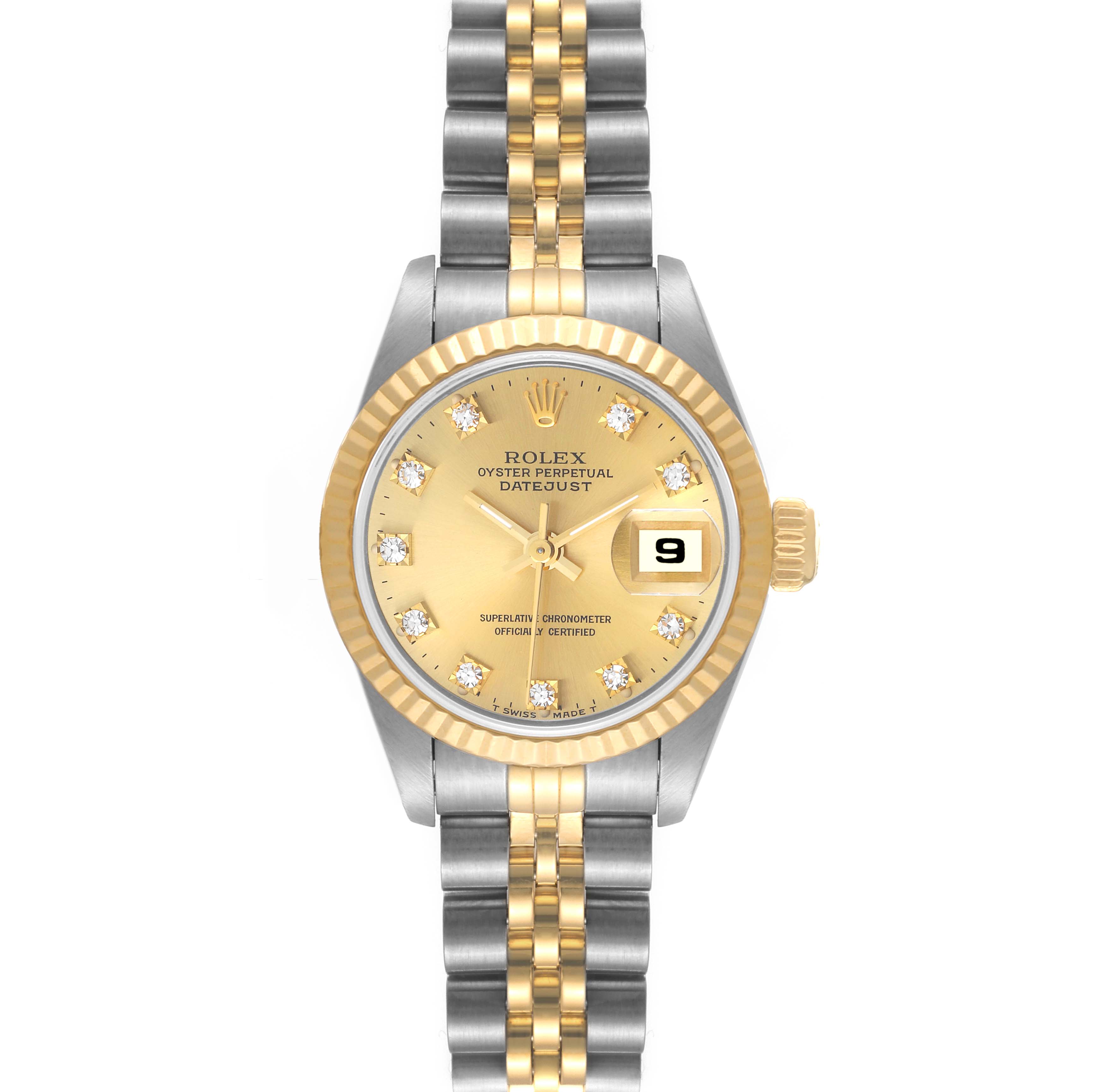 This image shows a front view of a Rolex Datejust 69173 Women's Steel and Gold (two tone) Champagne Dial 69173 Women's Steel and Gold (two tone) Champagne Dial model, highlighting the dial, bezel, crown, and two-tone bracelet.