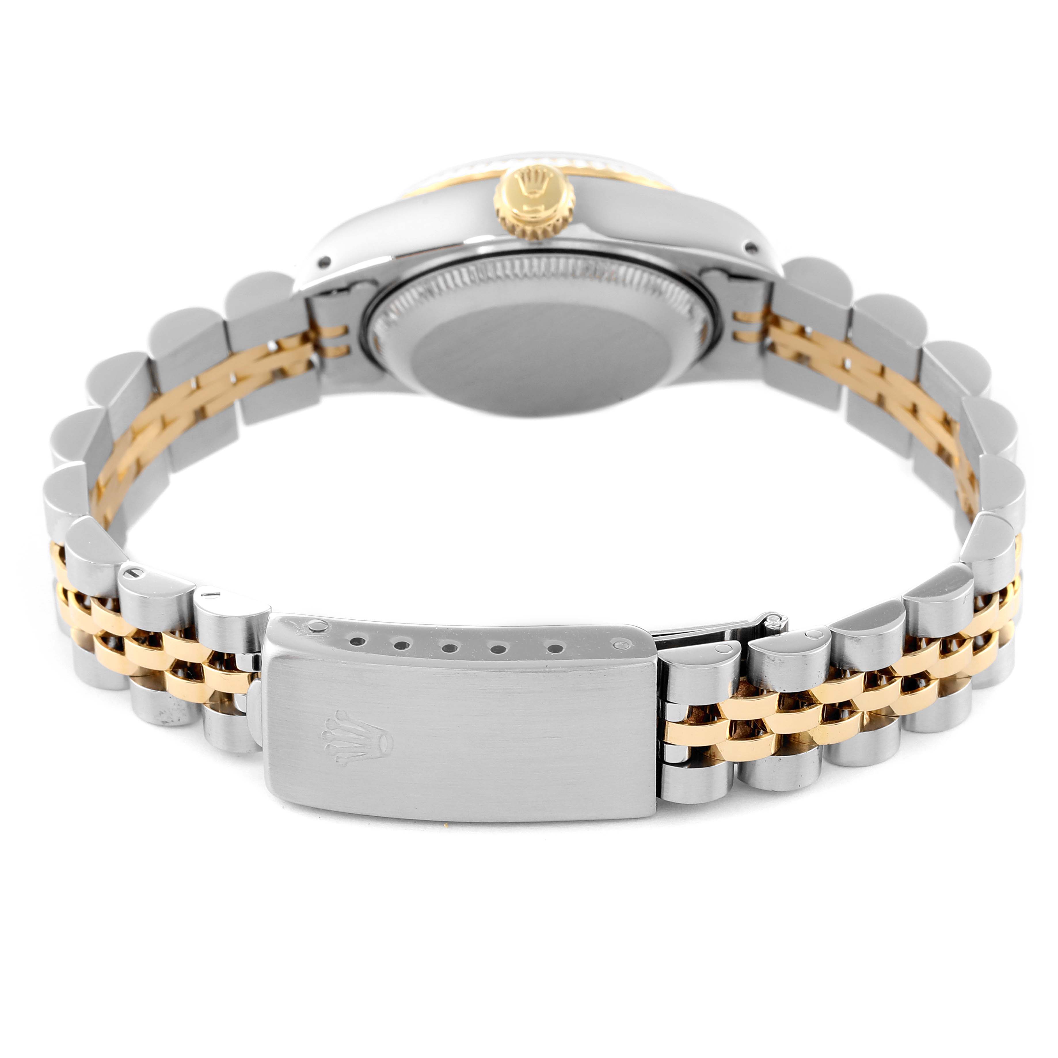 The image shows the back side of a Rolex Datejust 69173 Women's Steel and Gold (two tone) Champagne Dial 69173 Women's Steel and Gold (two tone) Champagne Dial watch, focusing on the bracelet, clasp, and case back.