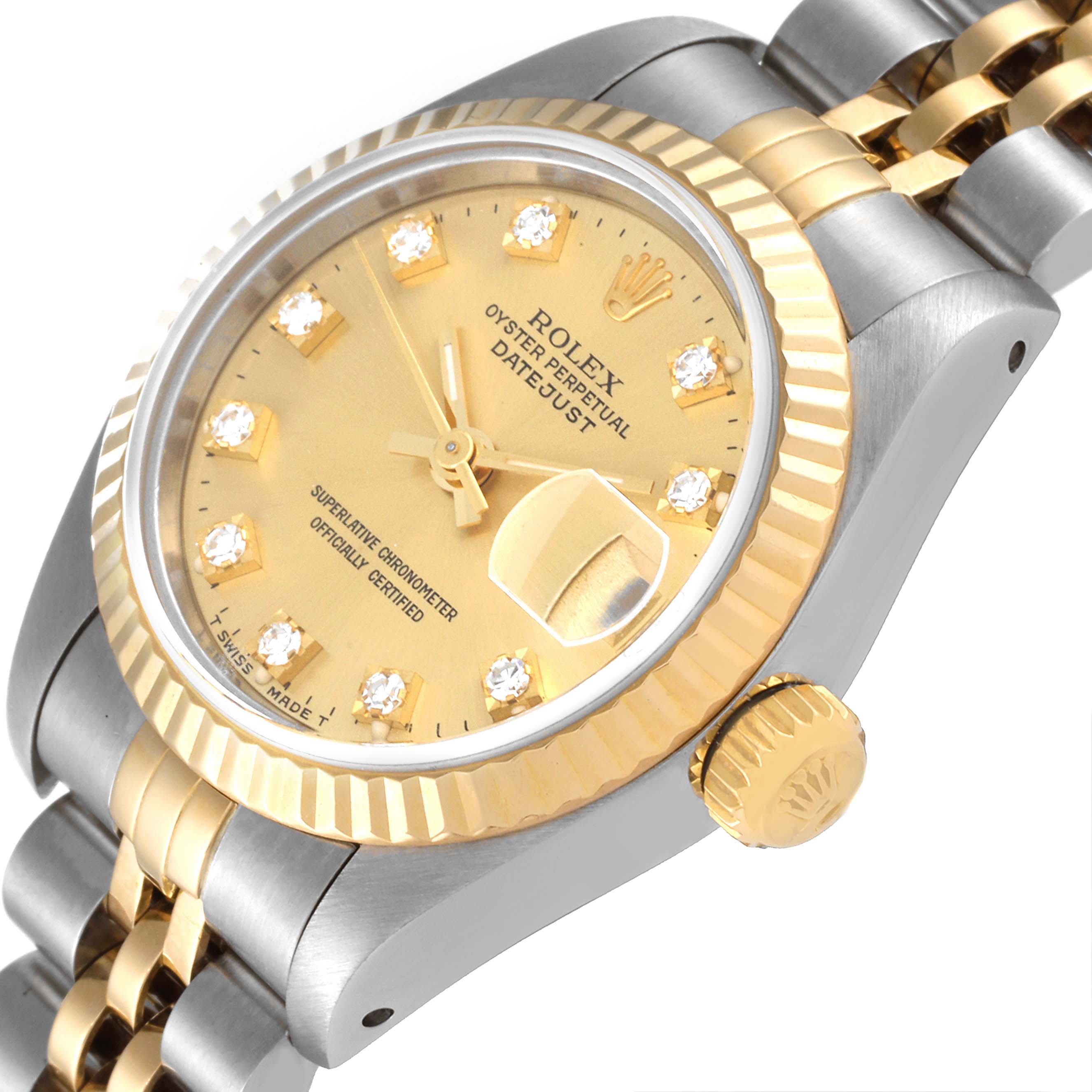 The image shows a Rolex Datejust 69173 Women's Steel and Gold (two tone) Champagne Dial 69173 Women's Steel and Gold (two tone) Champagne Dial watch at an angle, highlighting the gold dial, diamond hour markers, fluted bezel, and two-tone bracelet.