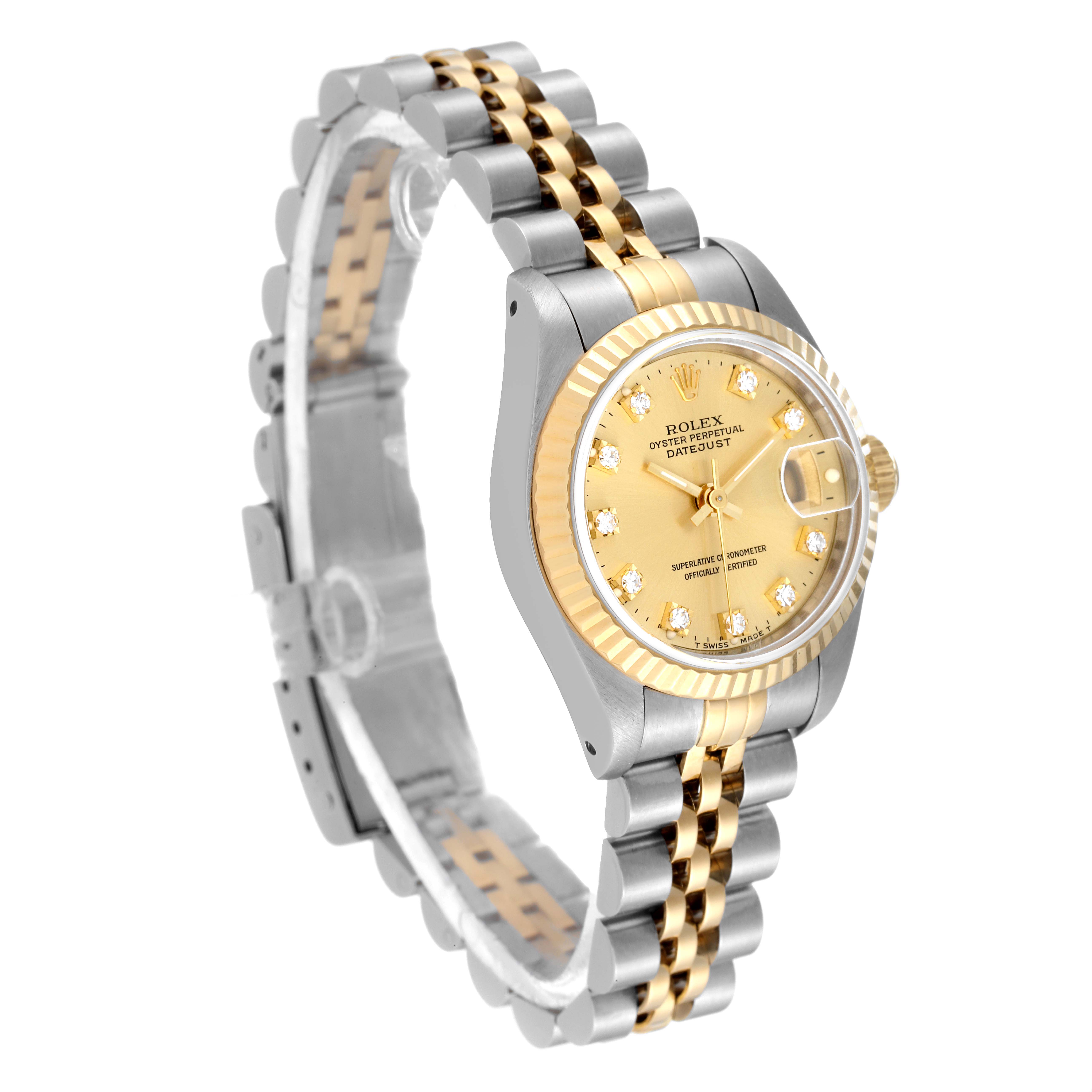 The image shows a Rolex Datejust 69173 Women's Steel and Gold (two tone) Champagne Dial 69173 Women's Steel and Gold (two tone) Champagne Dial watch taken from a three-quarter angle, highlighting its gold and silver Jubilee bracelet and diamond-set dial.
