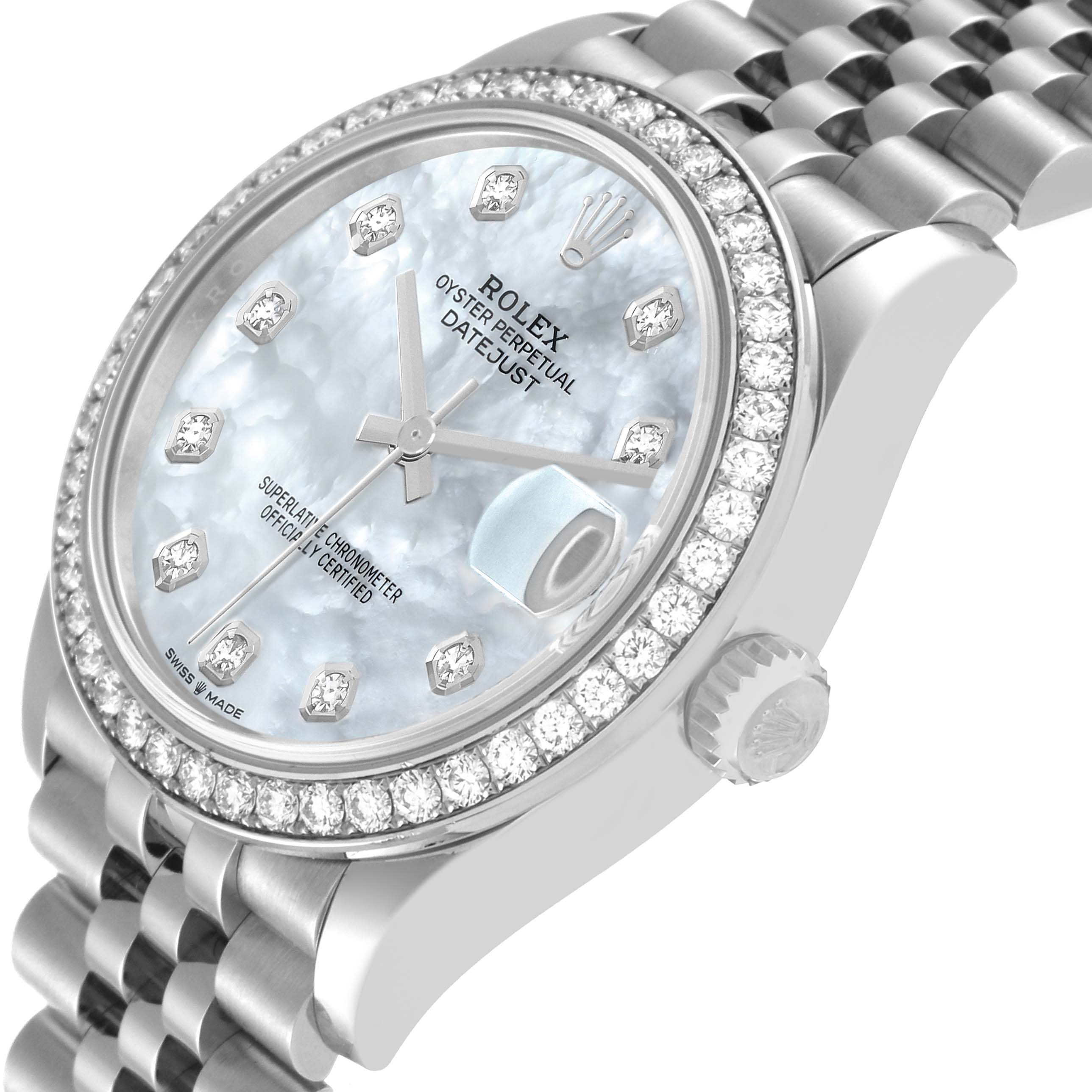 The image shows a close-up angle of a Rolex Mid-Size 278384 Women's Stainless Steel Mother of Pearl Dial 278384 Women's Stainless Steel Mother of Pearl Dial Oyster Perpetual Datejust, displaying the dial, bezel, and part of the bracelet.