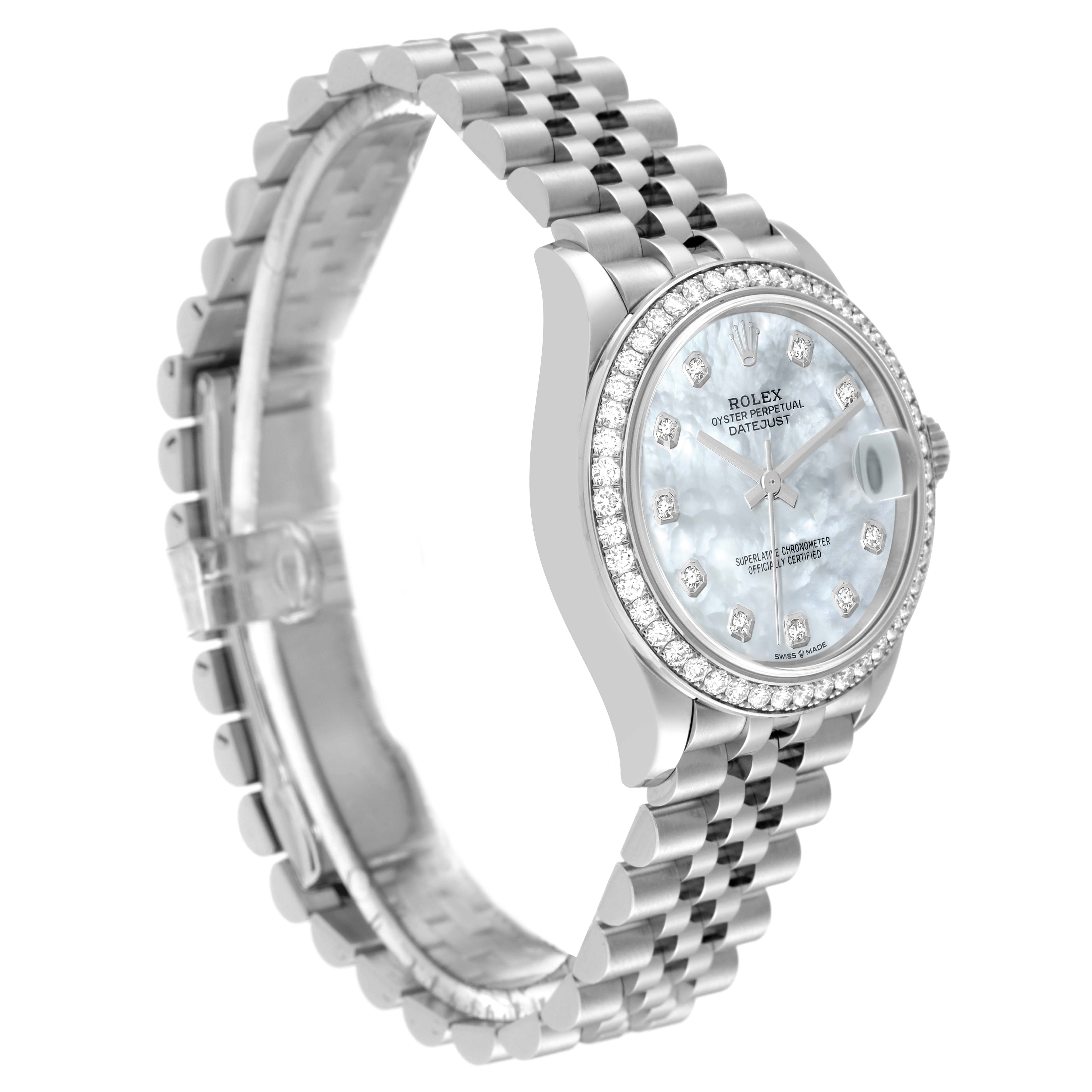 This image shows a side and front angle of the Rolex Mid-Size 278384 Women's Stainless Steel Mother of Pearl Dial 278384 Women's Stainless Steel Mother of Pearl Dial model, highlighting its bracelet, bezel, and dial.