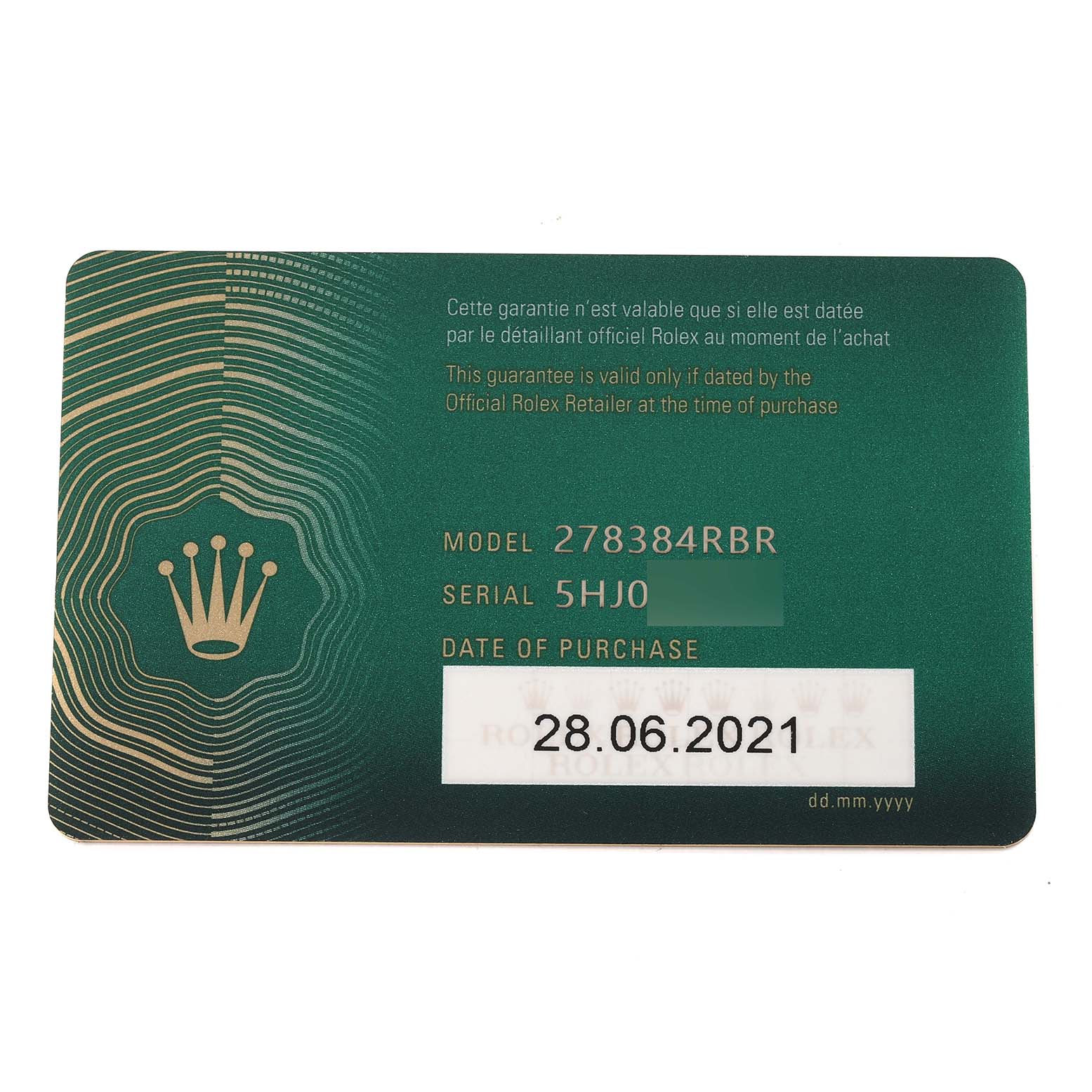 This image shows a warranty card for a Mid-Size Rolex watch, model 278384RBR, with purchase details and date.