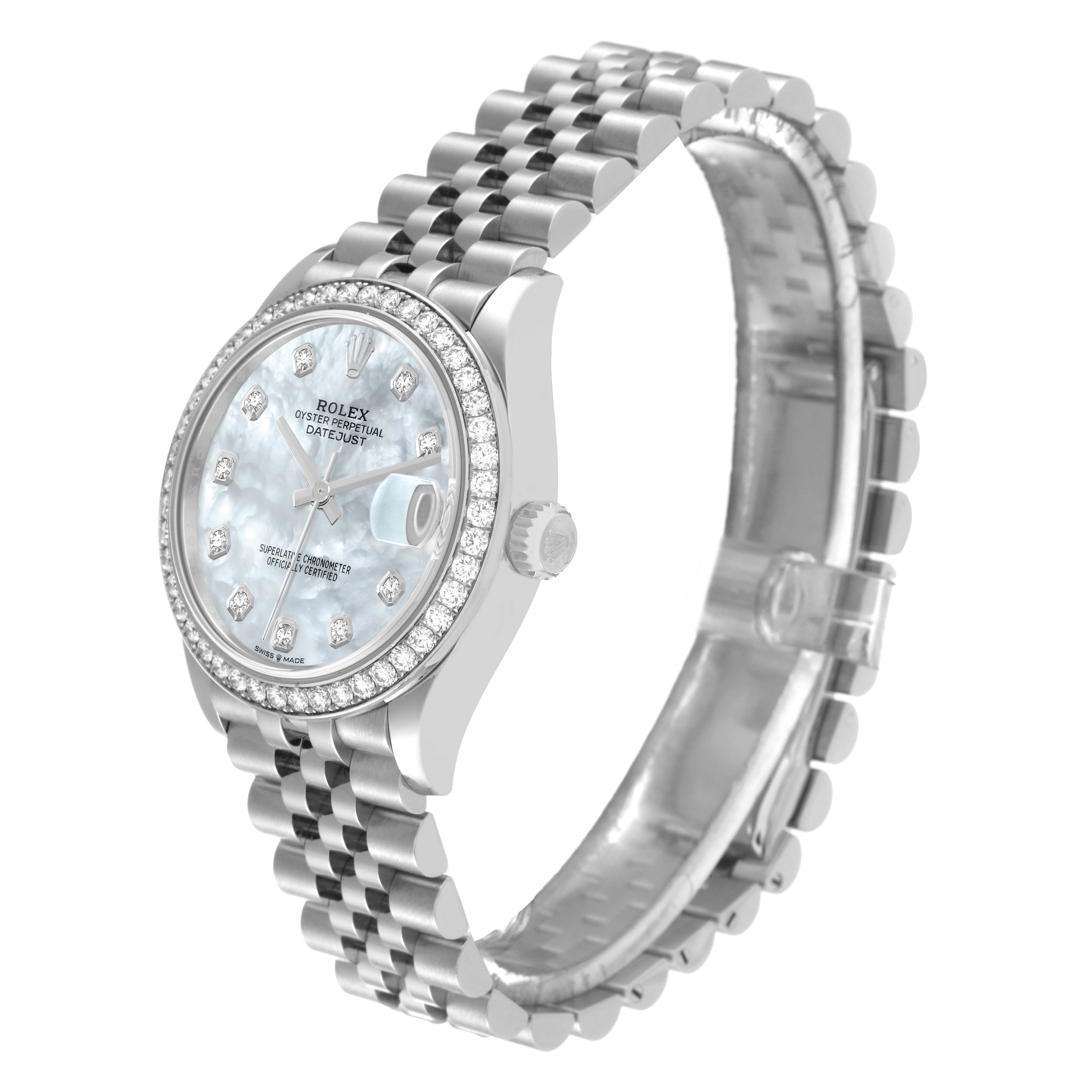 This Rolex Mid-Size 278384 Women's Stainless Steel Mother of Pearl Dial 278384 Women's Stainless Steel Mother of Pearl Dial Oyster Perpetual Datejust watch is shown from an angled side view, highlighting the dial, bezel, and bracelet.