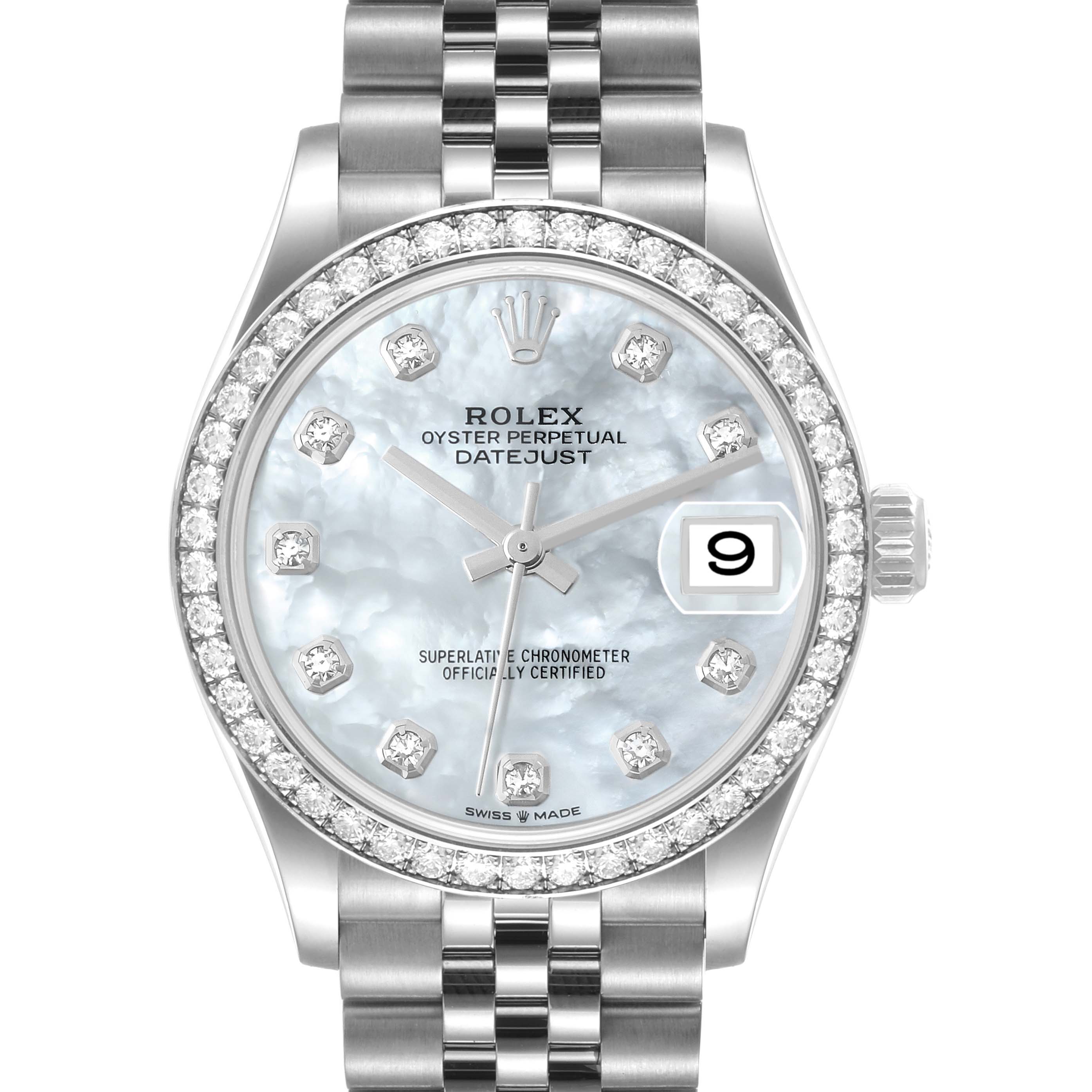 This image shows a Rolex Mid-Size 278384 Women's Stainless Steel Mother of Pearl Dial 278384 Women's Stainless Steel Mother of Pearl Dial Oyster Perpetual Datejust watch from a front view featuring a diamond bezel and bracelet.