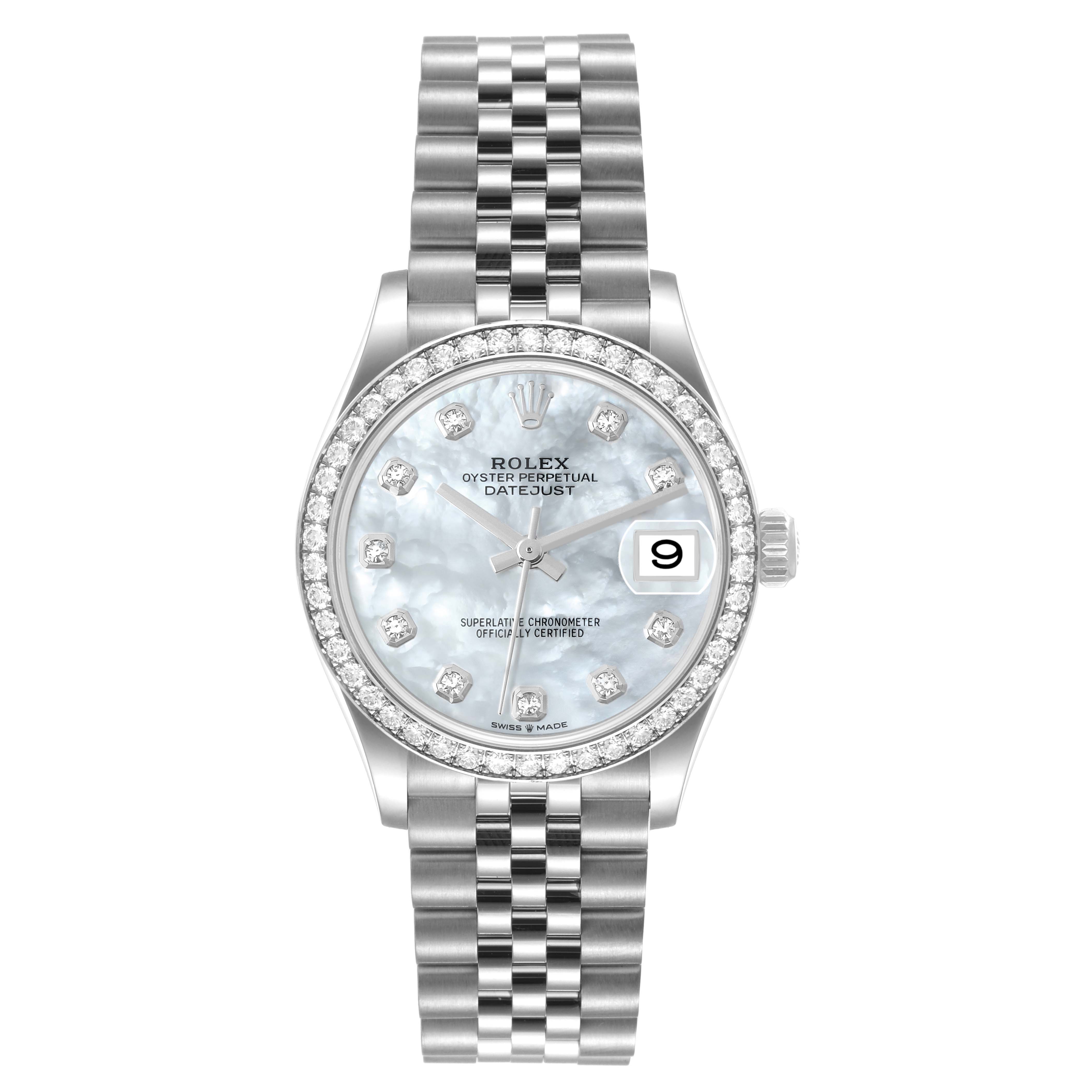 This Rolex Mid-Size 278384 Women's Stainless Steel Mother of Pearl Dial 278384 Women's Stainless Steel Mother of Pearl Dial Oyster Perpetual Datejust watch is shown from the front, displaying its face, bezel, and bracelet.