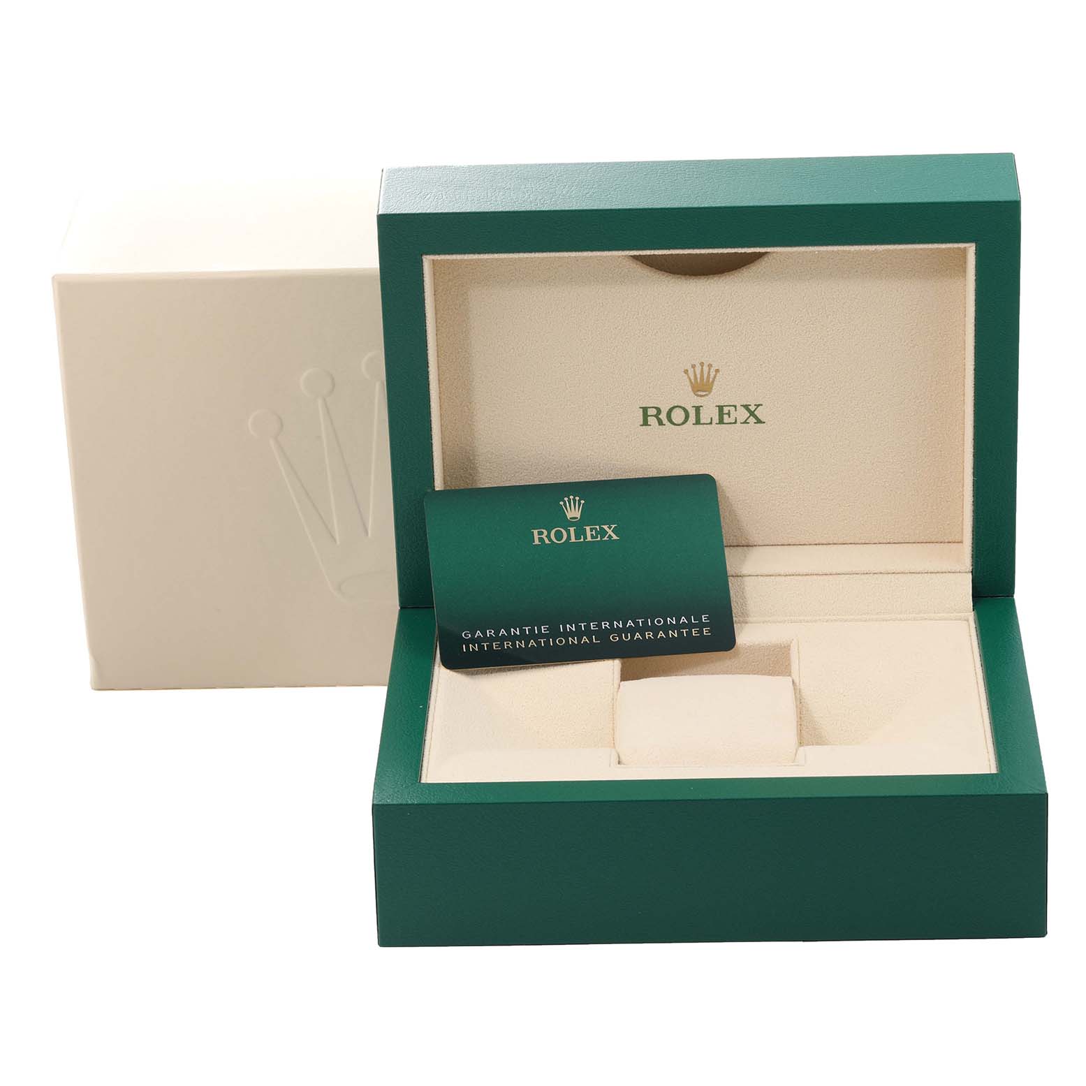 The image shows the open box and warranty card for a Mid-Size Rolex watch, viewed from the front.