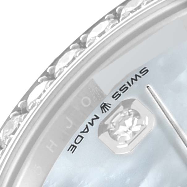 This close-up image shows the bezel, part of the dial, and the "Swiss Made" text of the Rolex Mid-Size 278384 Women's Stainless Steel Mother of Pearl Dial 278384 Women's Stainless Steel Mother of Pearl Dial watch.
